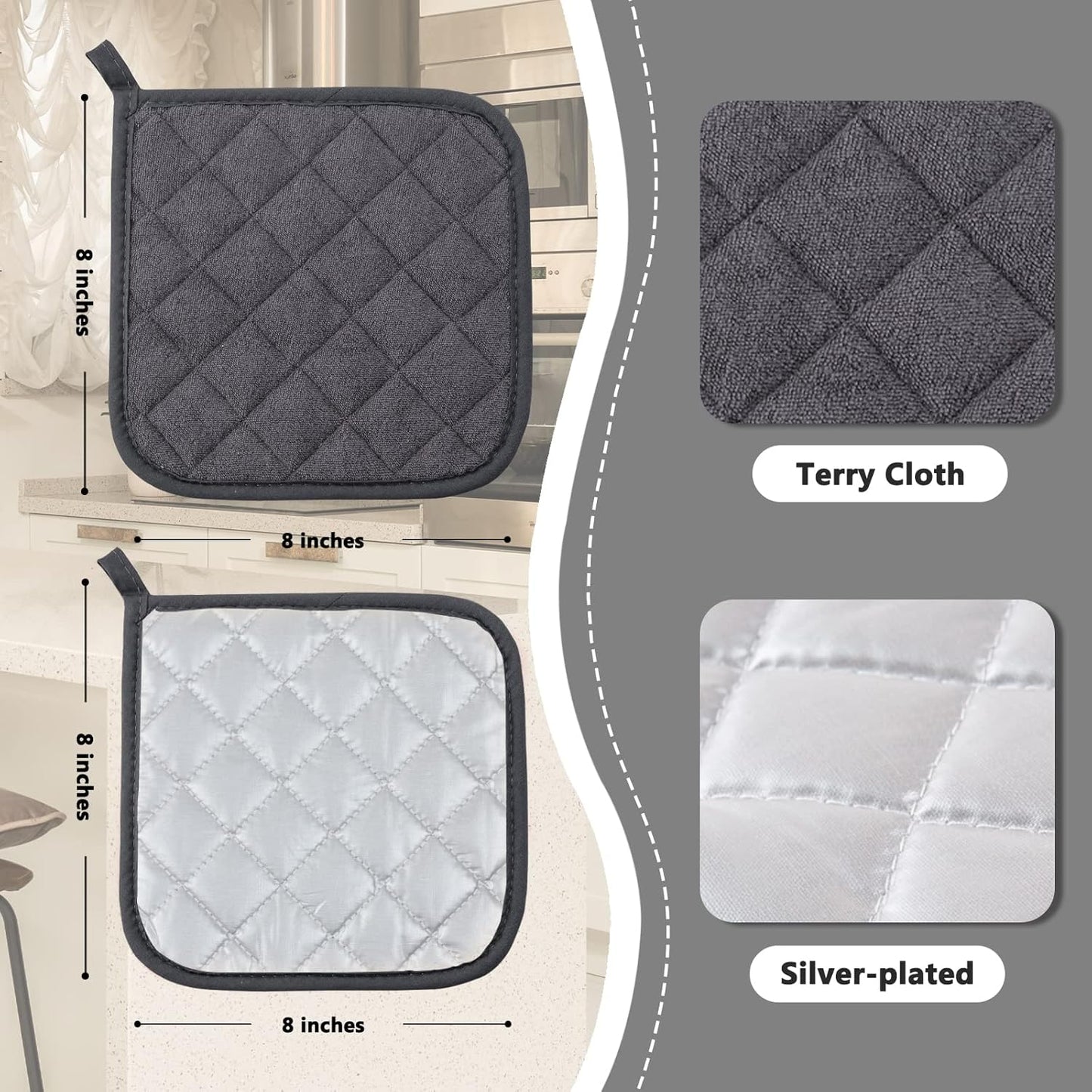 Joyhalo 6 Pack Pot Holders for Kitchen,Cotton Oven Holder with Great Heat Resistance,Non Slip Hot Pads for Kitchen Clearance,Dark Grey