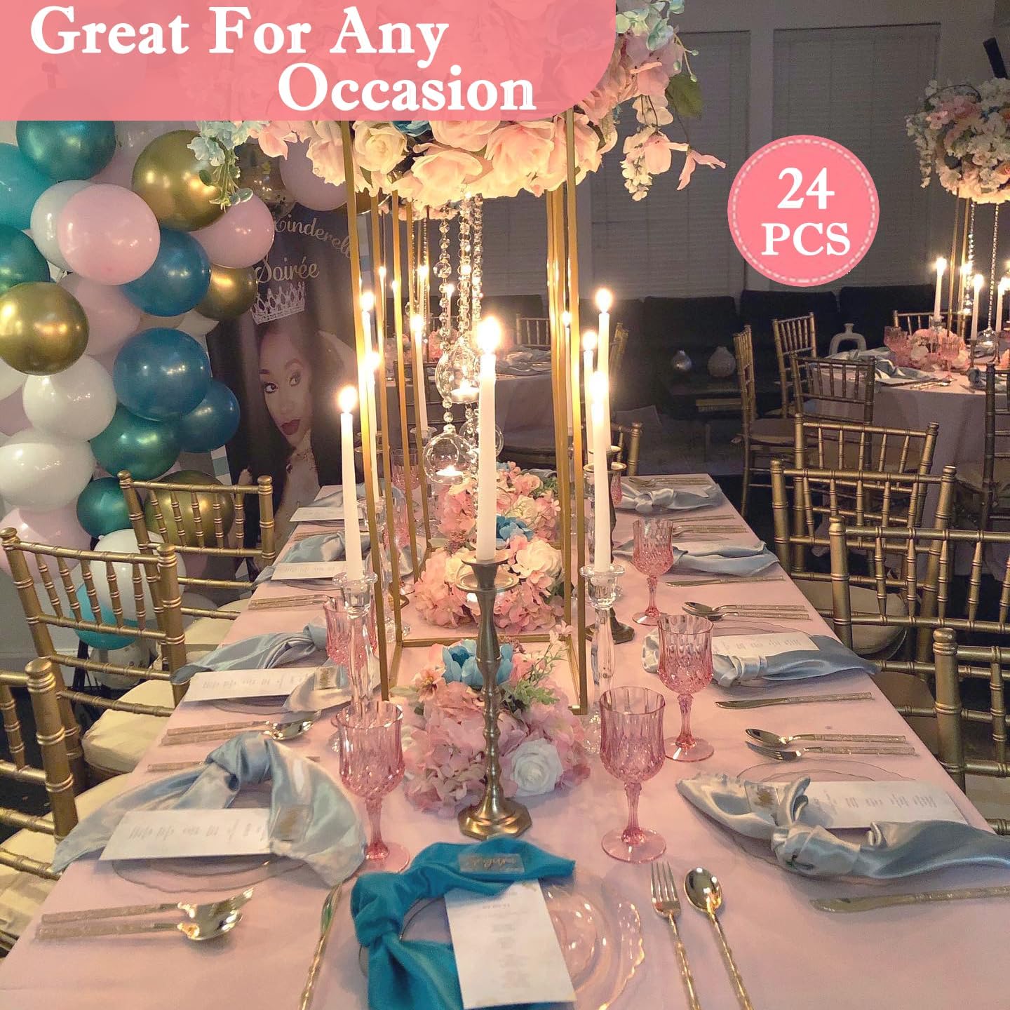 Plastic Wine Glasses，Plastic Goblets Vintage Style Cordial Drinking Glasses for Wedding Reception, Grand Event Party Supplies (24, Pink)