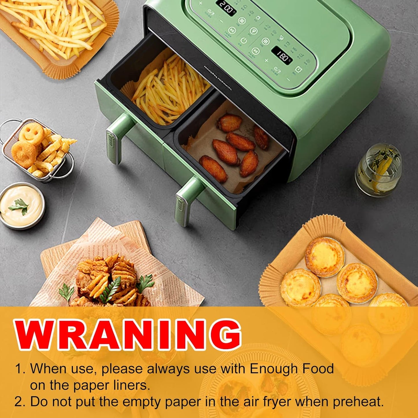 Vailnd Air Fryer Liners Disposable for Dual Basket, 100Pcs 8x5.5 Inch Rectangle Air Fryer Paper Liner for Ninja DZ201 DZ401, Chefman/COSORI 2-Basket Air Fryer, Oil Proof Parchment Paper