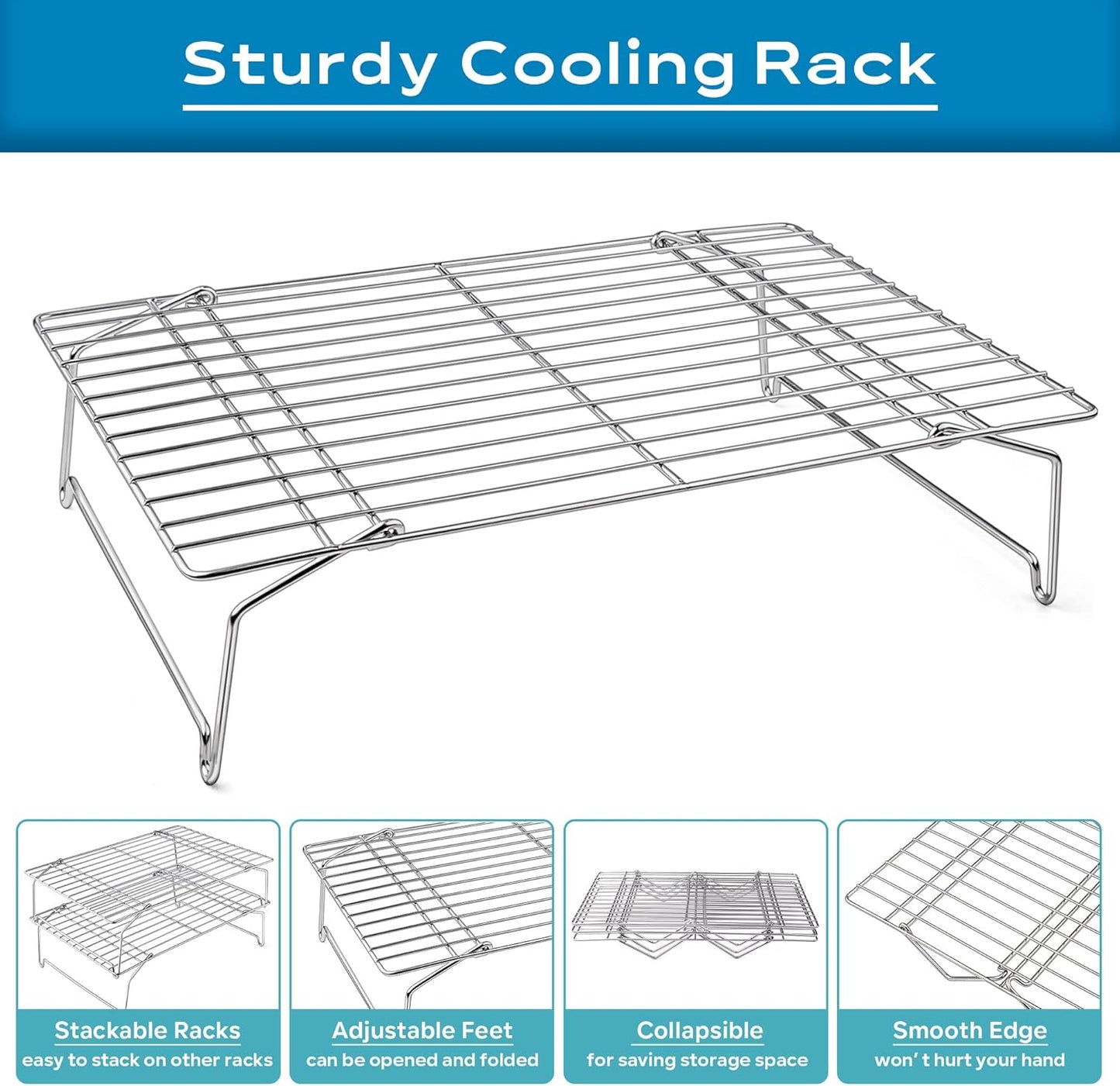 15IN x 10IN Cooling Baking Rack Set of 5, Leonyo 5-Tier Stackable Stainless Steel Wire Baking Cooking Racks Set for Cookie, Pizza, Cup Cake, Raised & Folding Feet