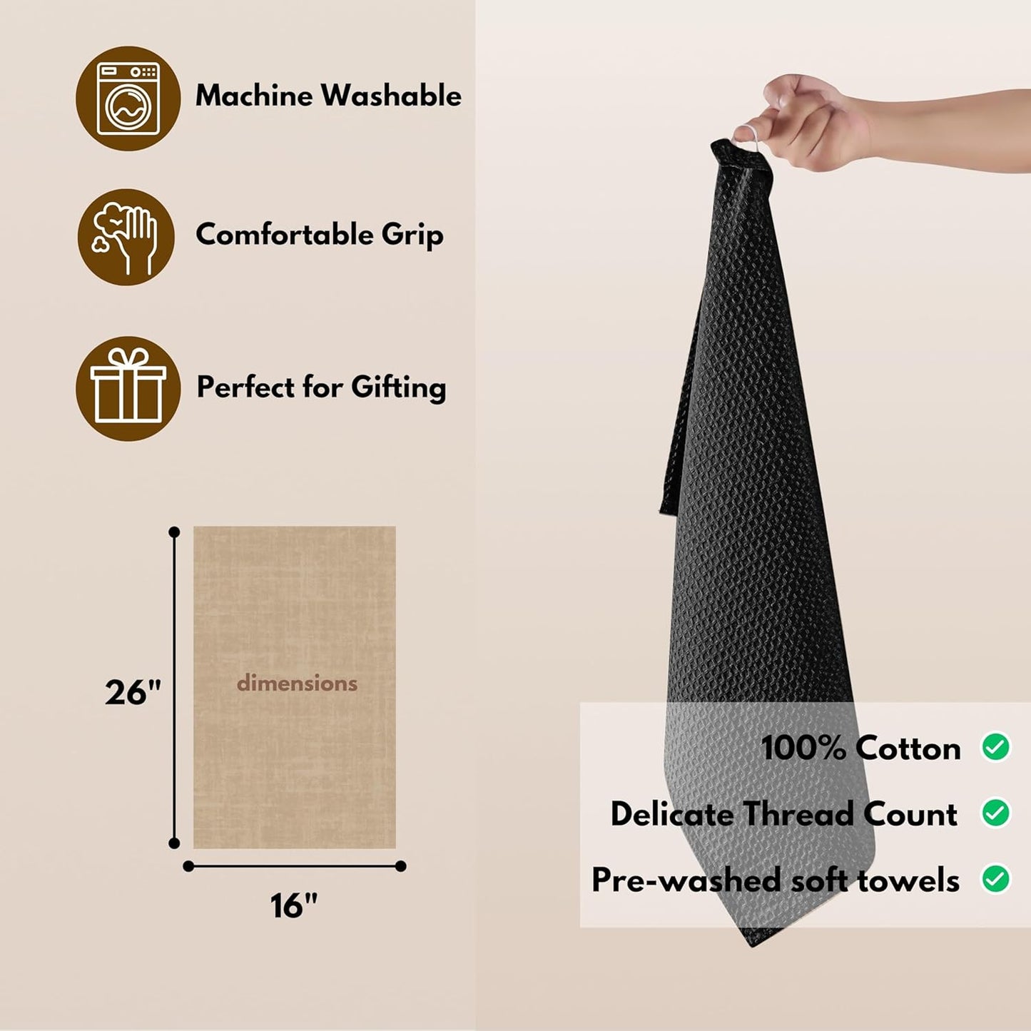 Native Fab Cotton Kitchen Towel with Hanging Loop 16x26 inches, 6-Pack, Waffle Weave Kitchen Towels for Cleaning Drying, Washcloths Soft & Absorbent Cloth Rags, Bar Towel, Dish Cloth, Black