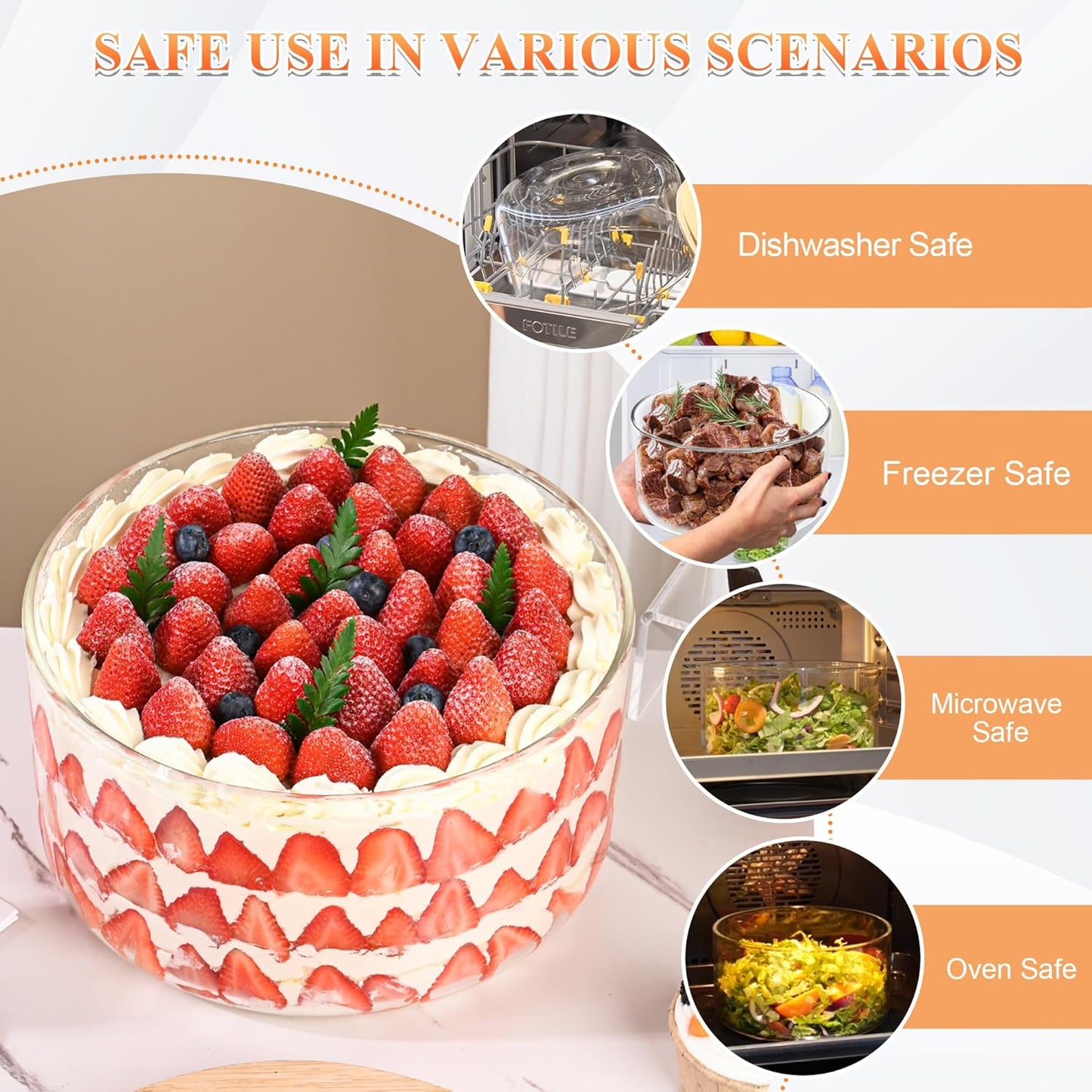 Large Salad Bowl, 10 inch Trifle Bowl Glass with Sealed Lid, Versatile Mixing and Serving Bowl for Laying Ice Cream,Cake,Cupcake,Salad,Fruit,Baking,Dessert and Party Diy, Microwave Safe
