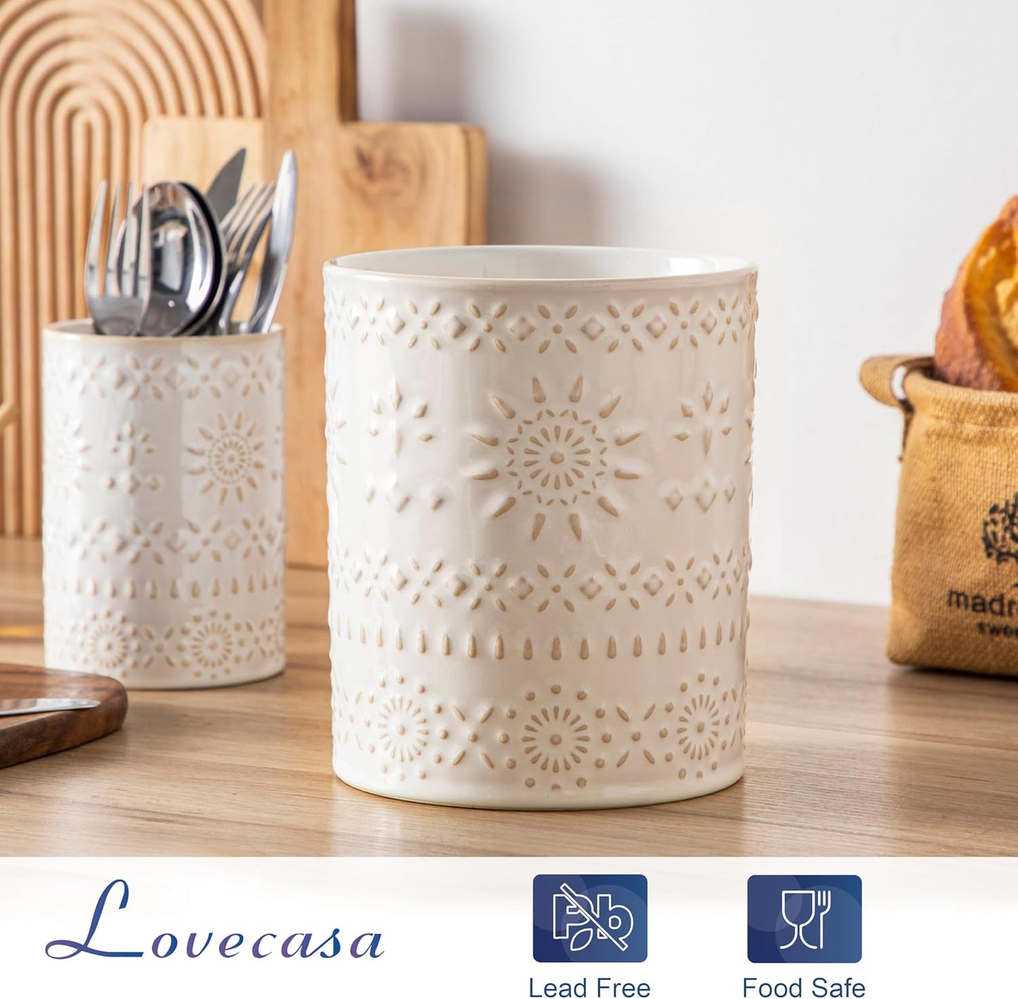 LOVECASA Utensil Holder, 7.2"+5.4" Ceramic Utensil Holder for Countertop, Large Cooking Utensil Crocks for Kitchen Counter, Farmhouse Utensil Vase for Housewarming, Kitchen Decor, Set of 2, Oasis