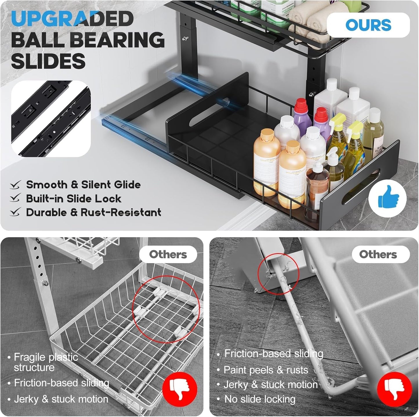 2 Pack Under Sink Organizer Upgrade To Professional Rails,2-Tier Dual Pull Out Cabinet Storage,Height Adjustable Slide Out Drawers For Bathroom Kitchen,Under Sink Shelf (Patent Registered)