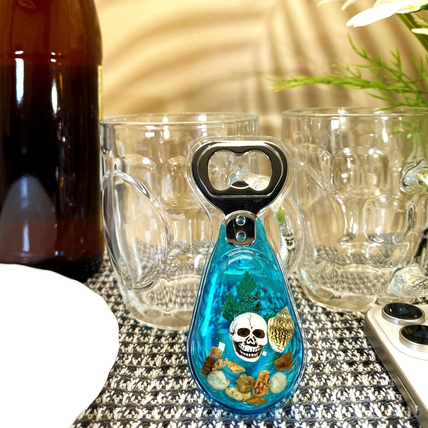 Halloween Ghost Skull Decor, Magnetic Bottle Opener, Original Design Skull Sinking in Ocean Blue Resin – Strong Magnet for Fridge – Gothic Halloween Gifts - Clear Blue