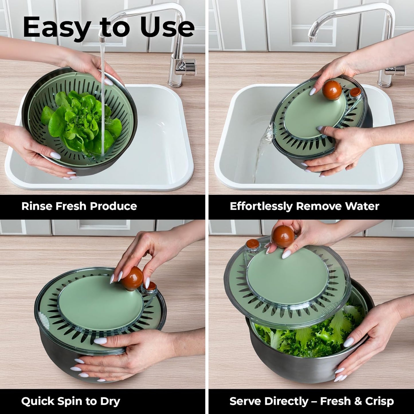 Stainless Steel Salad Spinner Large - Fruit and Vegetable Wash Bowl with Strainer - Lettuce Spinner, Fruit Cleaner, Collapsible Salad Dryer 5.3 Quart Capacity