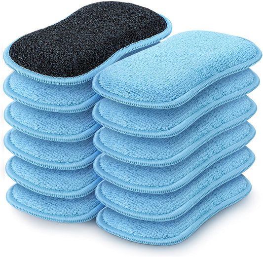 HOMEXCEL 12 Pack Multi-Purpose Scrub Sponges Kitchen, Dish Sponge, Non-Scratch Microfiber Sponge for Efficiently Cleaning Dishes, Pots, and Pans (Blue)