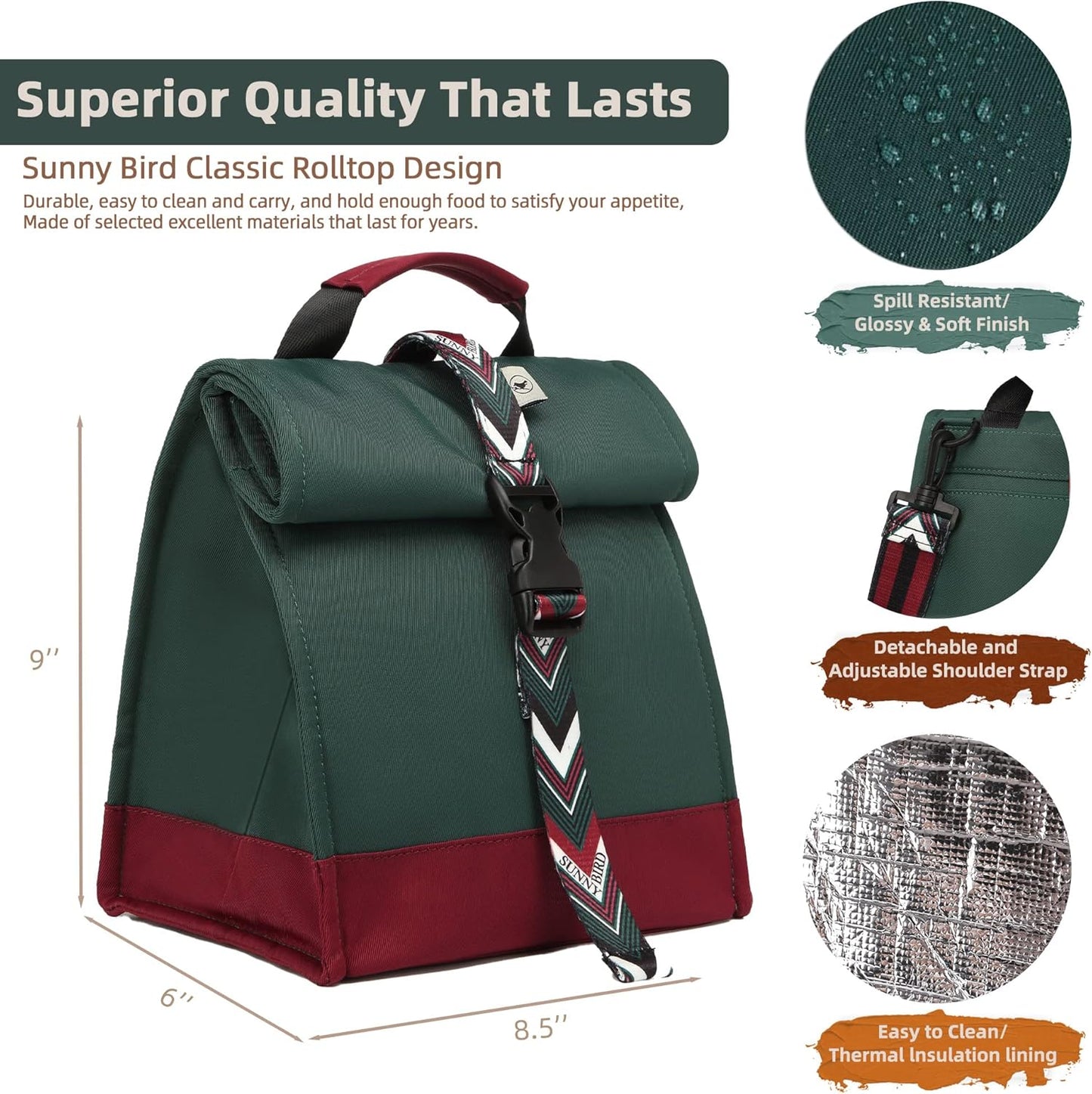 SUNNY BIRD Insulated Lunch Bag Rolltop Lunch Box Tote Bag for Women, Men, Adults and Teens (Green with Boho strap)