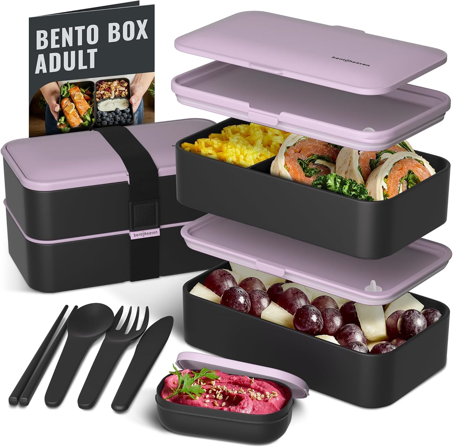Bentoheaven Premium Bento Box Adult Lunch Box with Compartments for Women & Men, Set of Utensil & Chopsticks & Dip Container, Cute Japanese Kids Bento Lunch Box, Microwavable (Violet Me Go)