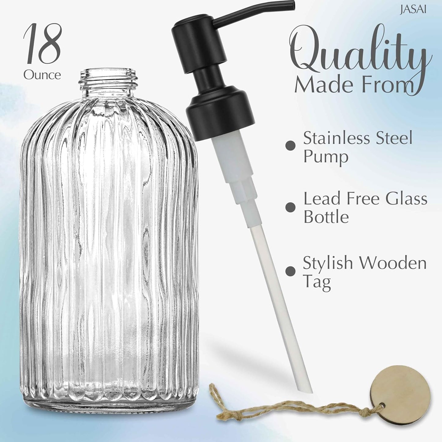 JASAI 18Oz Simple Glass Soap Dispenser with Black Rust Proof Pump,Refillable Kitchen soap Dispenser with Vertical Stripe, Bathroom Soap Dispenser for Dispense Hand soap, Dish Soap, Lotion.