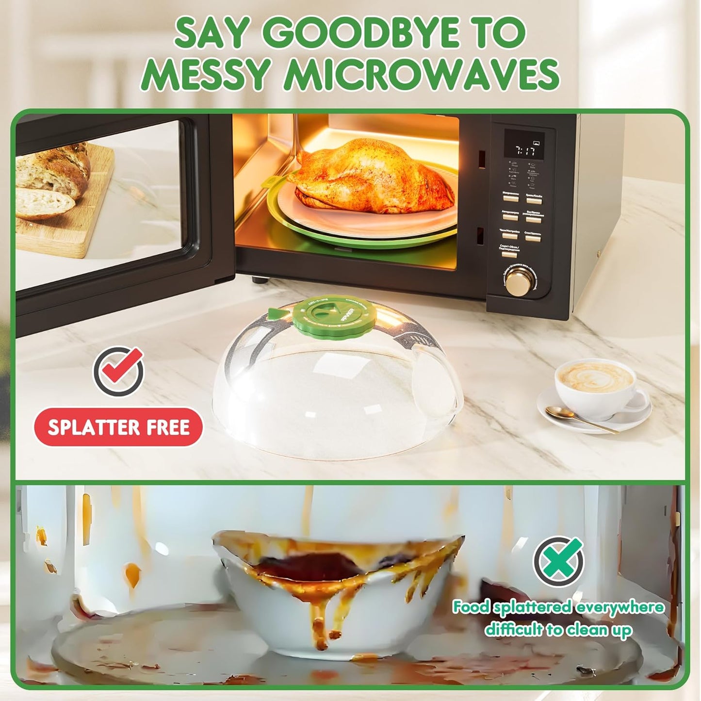Microwave Splatter Cover for Food, Clear Microwave Cover with Water Steamer and Integrated Handle, 10 Inch Splatter Guard Lid with Plate, Kitchen Gadgets & Accessories (Green, 10 inch)