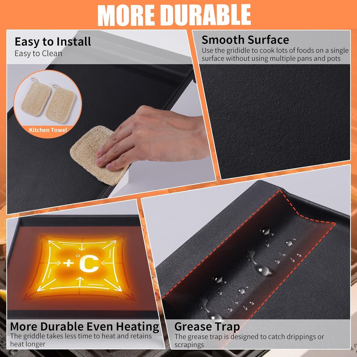 Upgraded Cast Iron WB31X24738 Griddle Replacement for GE Stove – Center Griddle Pan WB31X24998, 19.5"x9.5" Cooktop Griddle Plate, 2pcs Luffa Sponge, Nonstick Flat Top