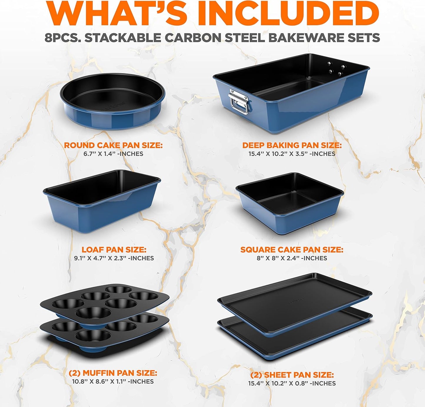 NutriChef 8-Piece Nonstick Stackable Bakeware Set - PFOA, PFOS, PTFE Free Baking Tray Set w/Non-Stick Coating, 450°F Oven Safe, Round Cake, Loaf, Muffin, Wide/Square Pans, Cookie Sheet (Blue)