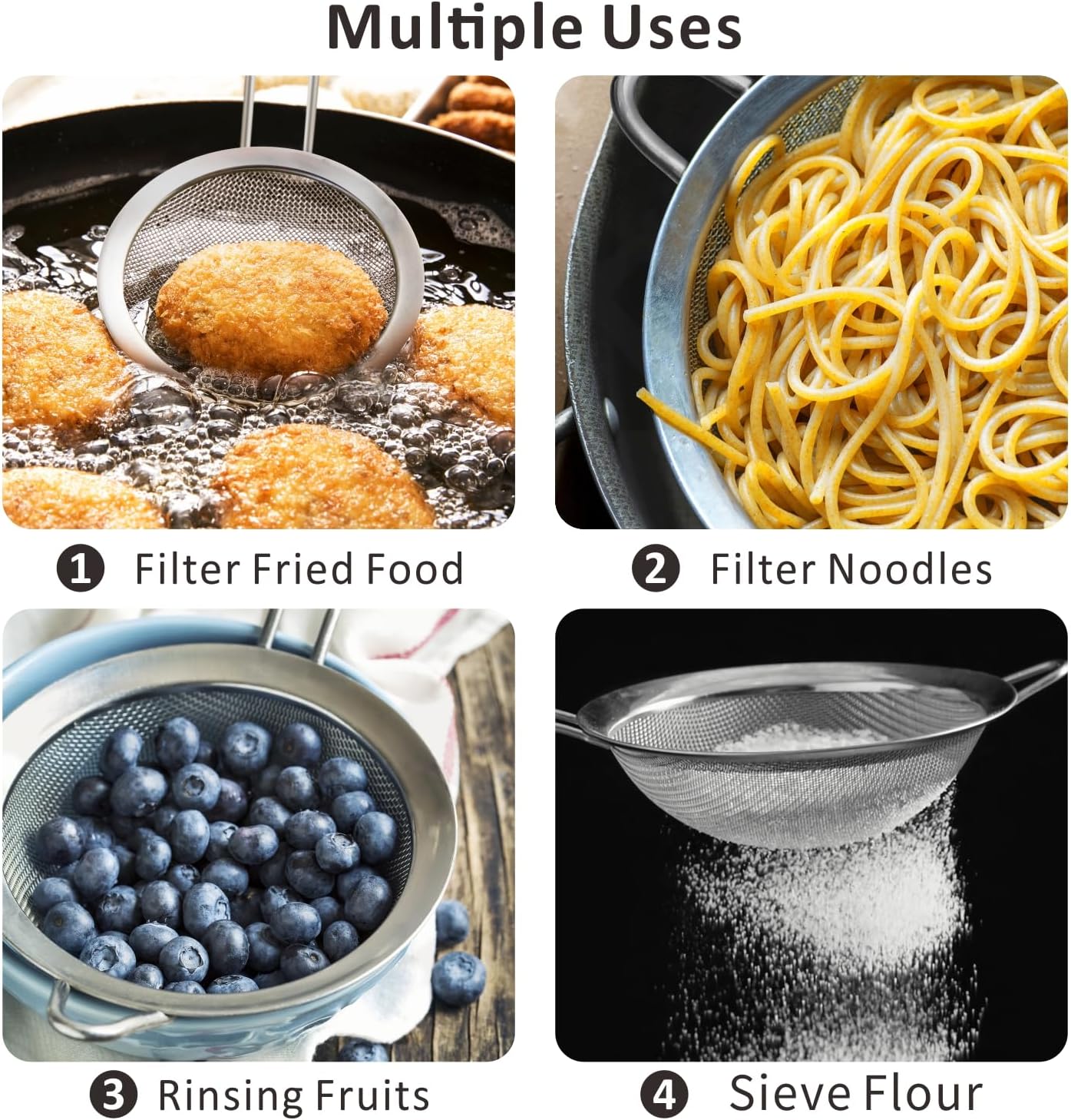 Yimi Fine Mesh Strainers Set, Stainless Steel Colanders and Sifters with Anti-Scald Handle for Sift, Strain, Drain and Rinse Vegetables, Quinoa Rice, Pastas and Tea - 2 Sizes, Ideal for Gift