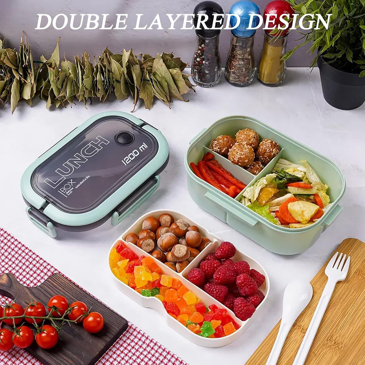 Bento Box Adult, Lunch Box for Men and Women, 1200ML Leak-proof Double-layered with Handle Lunchbox, Reusable BPA-Free Lunch Container, Microwave/Dishwasher Safe, Snack Box with Cutlery Set, Green