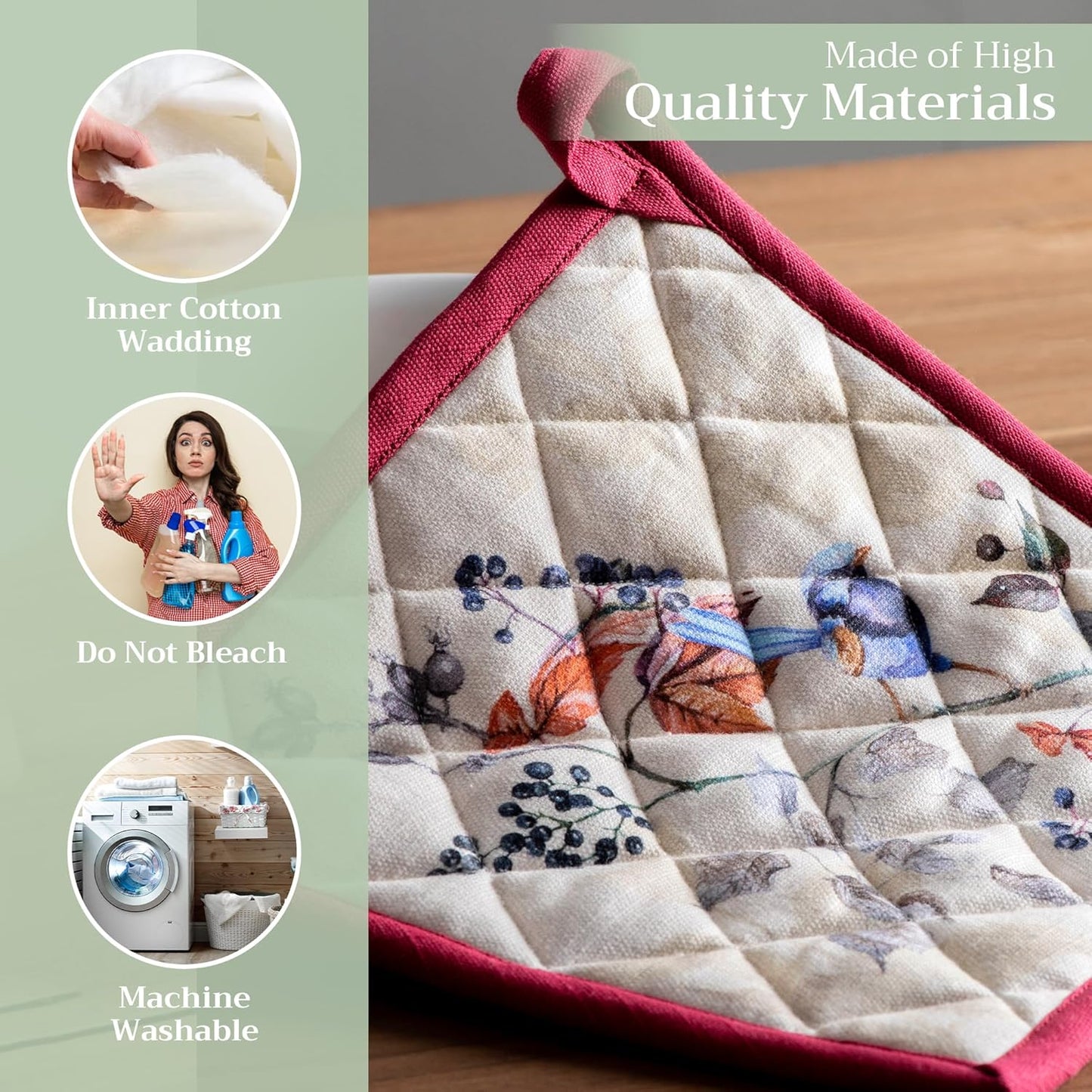 Maison d' Hermine Pot Holders Set 100% Cotton Heat Resistant Potholders 8" x 8" Hot Pads with Loop BBQ, Cooking, Baking, Grilling, Kitchen, Handling Hot Pans (Pack of 2, Equinoxe - Beige)