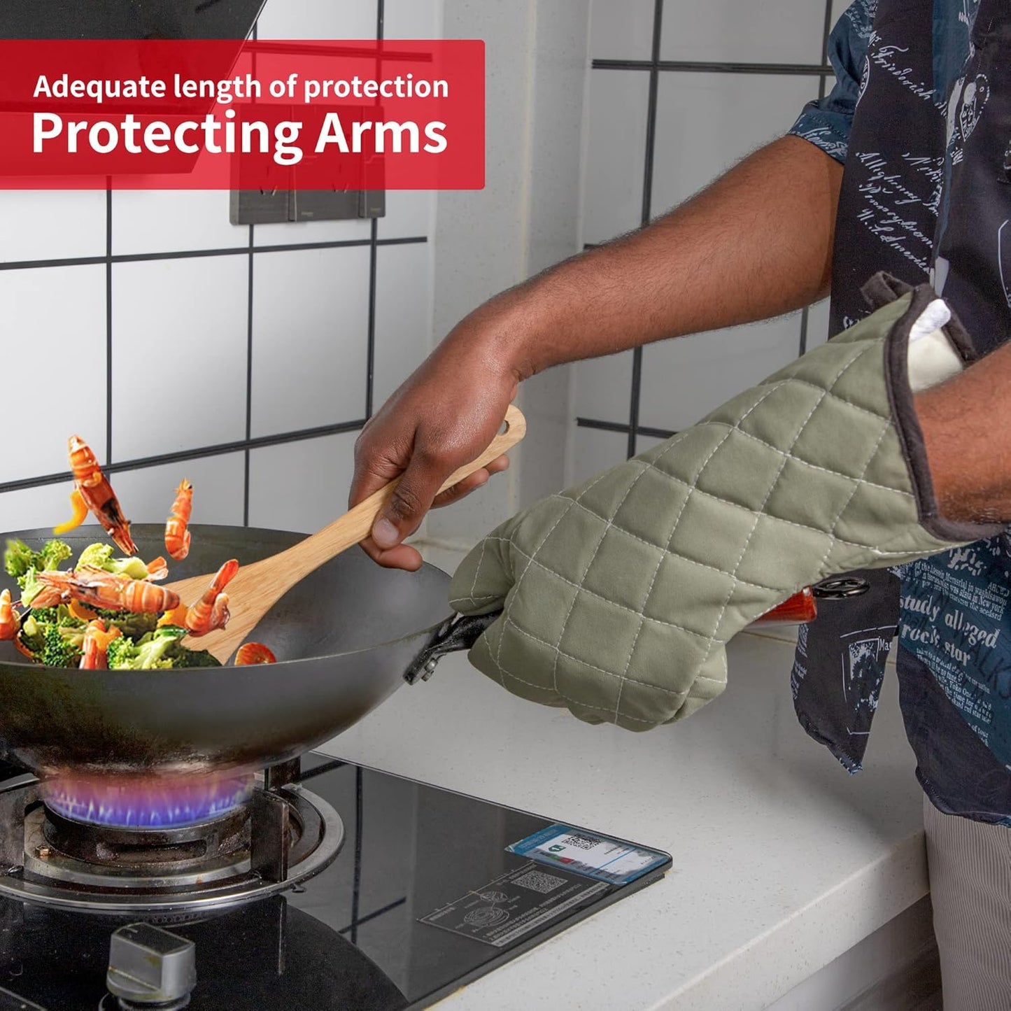 ARCLIBER Oven Mitts Heat Fire Resistant Oven Mitts 425 ° F, Quilted Terry Cloth Cotton Soft Lining Oven Gloves, Extra Long Kitchen Mittens for Cooking Baking