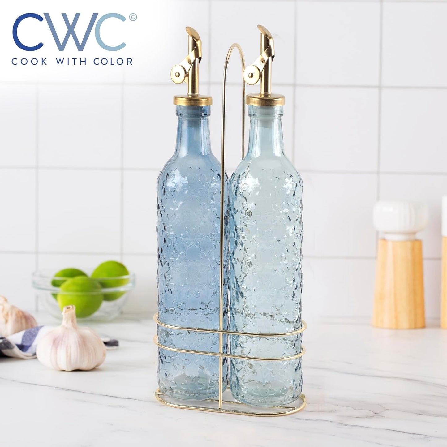 COOK WITH COLOR Glass Olive Oil Bottle Dispenser - 2 Pack- 17oz Oil and Vinegar Cruet - Olive Oil Carafe Decanter for Kitchen