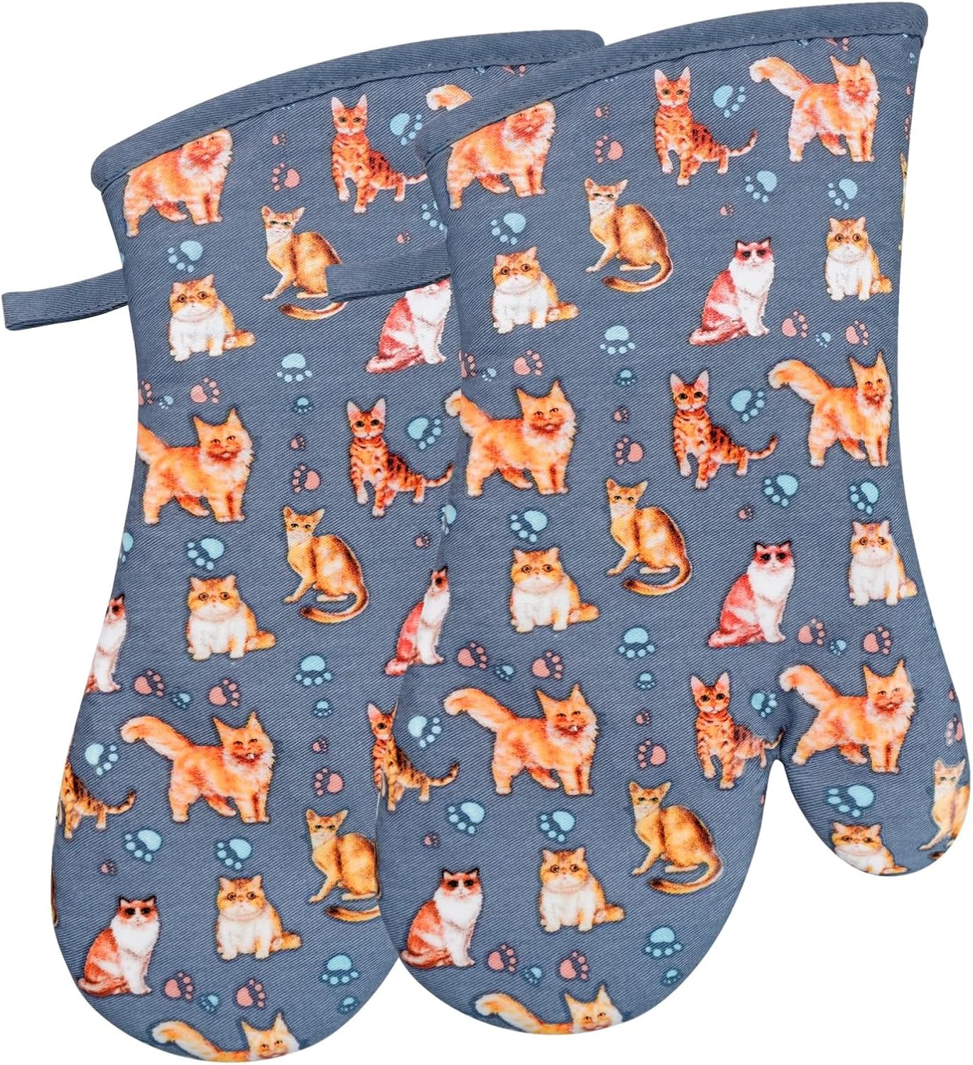 Oven Mitts Gloves 1 Pair Heat Resistant 480 ℉ Non Slip Clear Silicone Printed Cat Comfortable Cotton Lining Kitchen Men Cooking Barbecue Machine Washable (Cat, Blue Mitts)