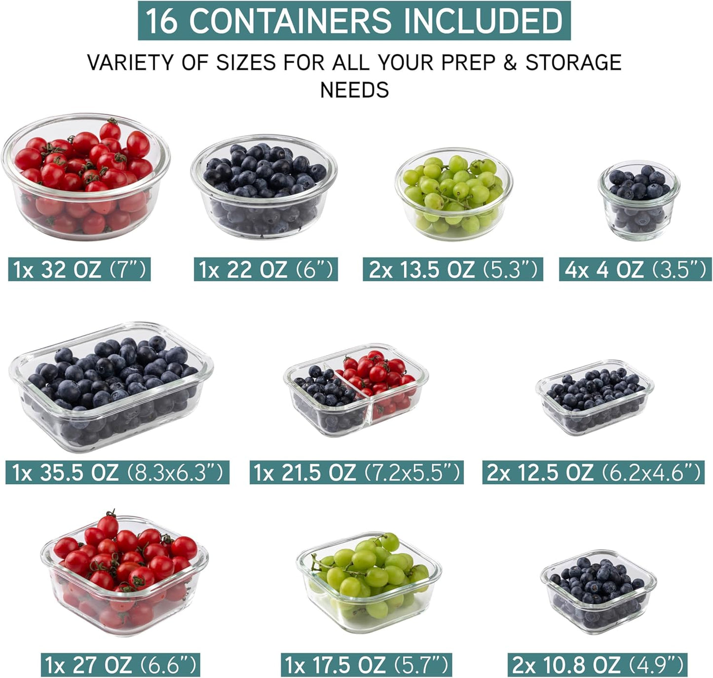 COOK WITH COLOR Premium 32-Pc. Borosilicate Glass Food Container Set with Dividers - 4 Rectangles, 8 Rounds, 4 Squares - Leakproof Lids - Meal Prep, Storage, Ombre Blue