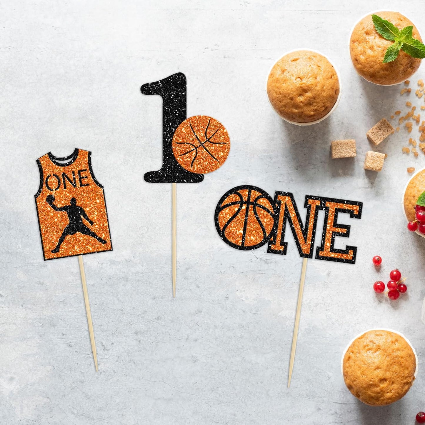 24Pcs Basketball One Cupcake Toppers Glitter Number 1 First Birthday Basketball Cupcake Picks for Sports Theme Baby Shower Kids 1st Birthday Party Cake Decorations Supplies