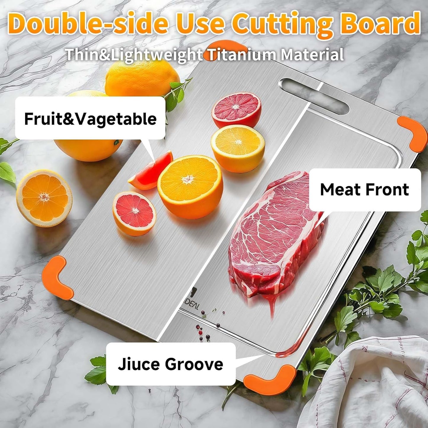100% Pure Titanium Cutting Board with Grooves, Update Double Side Titanium Chopping Board, Silicone Anti-slip Stainless Cutting Boards for Kitchen 12 * 18 IN, Orange