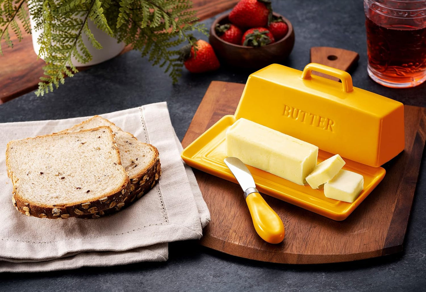 Ceramic Butter Dish Set with Lid and Knife - [Yellow]- Decorative Butter Stick Holder with Handle for 1 Stick of Butter - Microwave Safe, Dishwasher Safe - Anti-Scratch Stickers Included