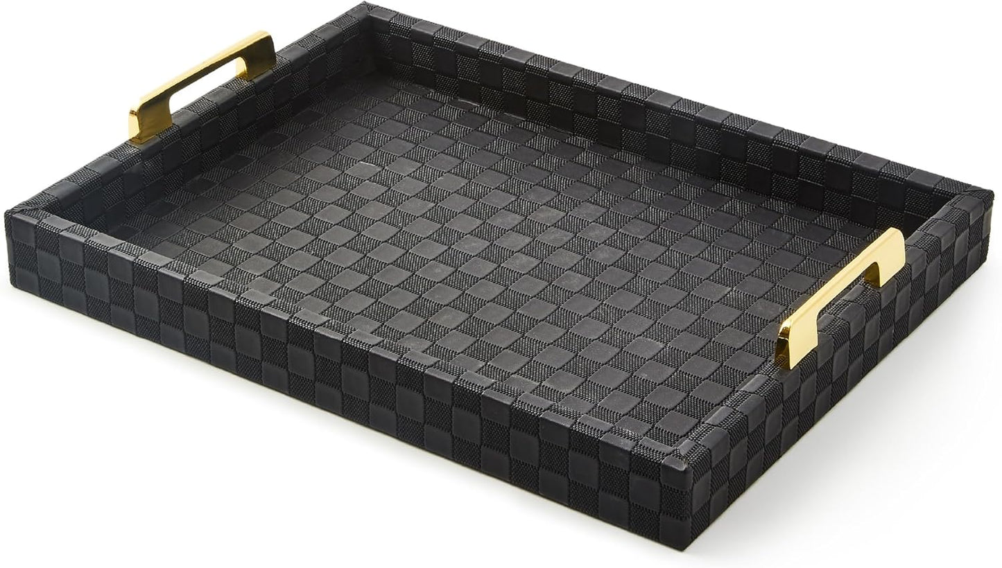 MACKENZIE-CHILDS Black Faux-Leather Tray with Handles, Rectangular Tray for Serving, Small