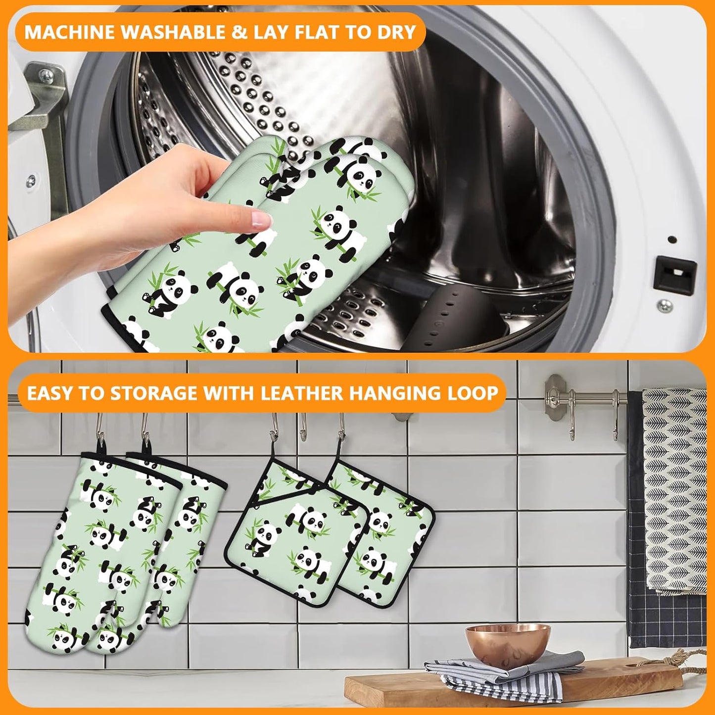 Cute Panda Oven Mitts and Pot Holders Sets 4Pcs,Extra Long Oven Gloves Potholder for Kitchen Cooking Baking BBQ 100% Cotton Heat Resistant