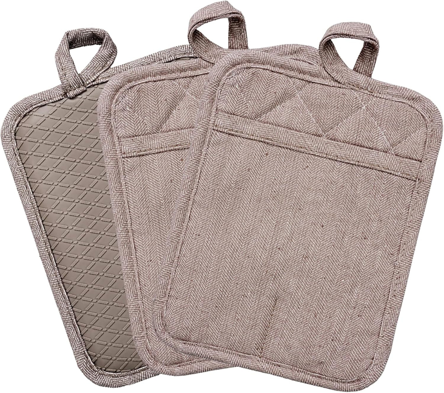 Pot Holders Yarn-Dyed Set of 3 Non Slip Silicone Kitchen Lines Heat Resistant 500℉ Kitchen Gloves BBQ Cooking Baking Cooking Barbecue Microwave Machine Washable (Khaki Pot Holders)