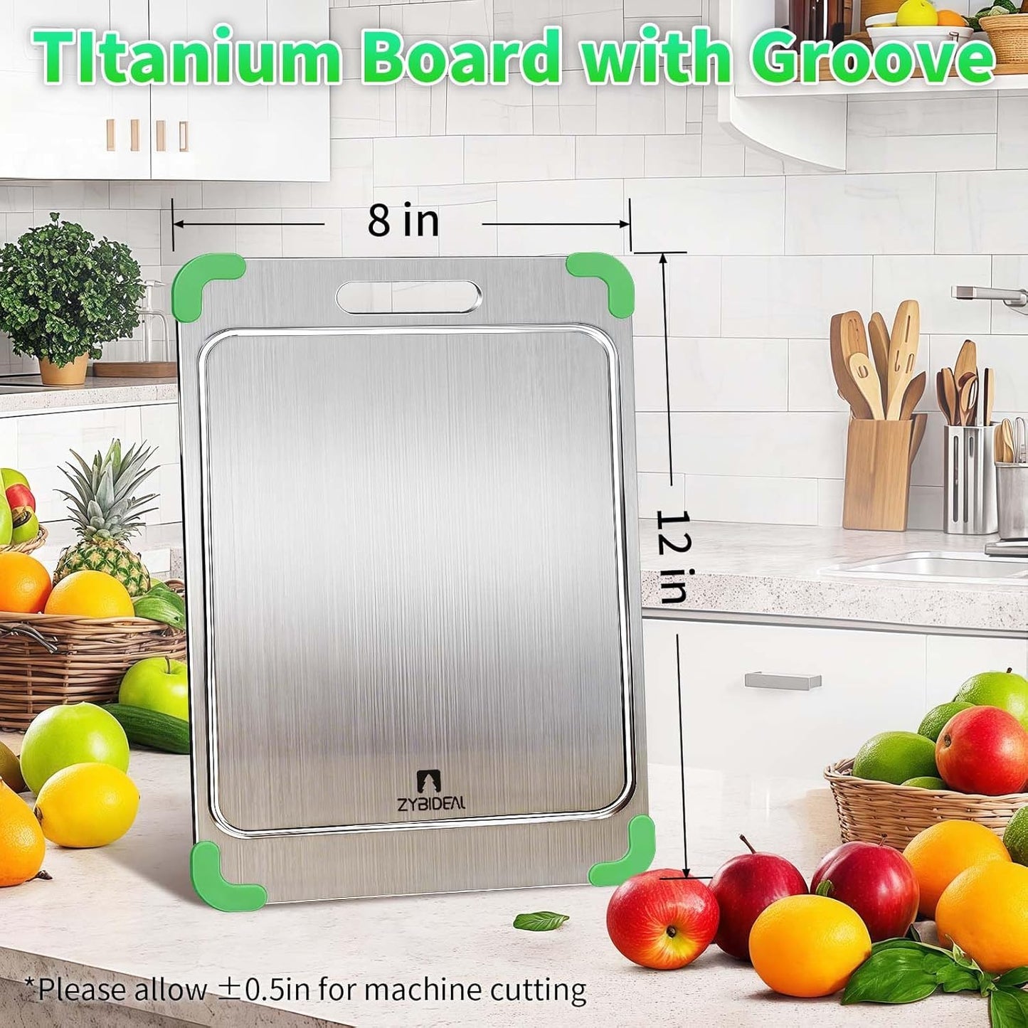 100% Pure Titanium Cutting Board with Grooves, Update Double Side Titanium Chopping Board, Silicone Anti-slip Stainless Cutting Boards for Kitchen 8 * 12 IN, Green