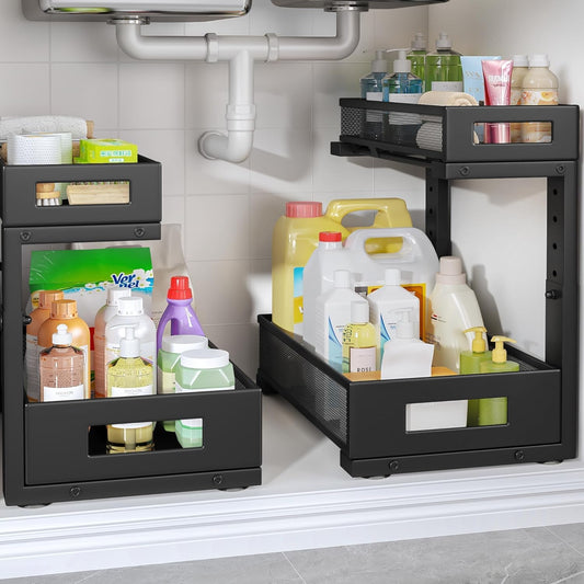 2-Pack Under Sink Storage Organizer, Large 2-Tier Elegant Mesh Pull Out Shelf for Kitchen and Bathroom Cabinet Organization, L-Shaped and Adjustable Height Design,Patent Pending-Black