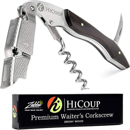 Hicoup Wine Opener - Professional Corkscrews for Wine Bottles w/Foil Cutter and Cap Remover - Manual Wine Key for Servers, Waiters, Bartenders and Home Use - Ebony Wood