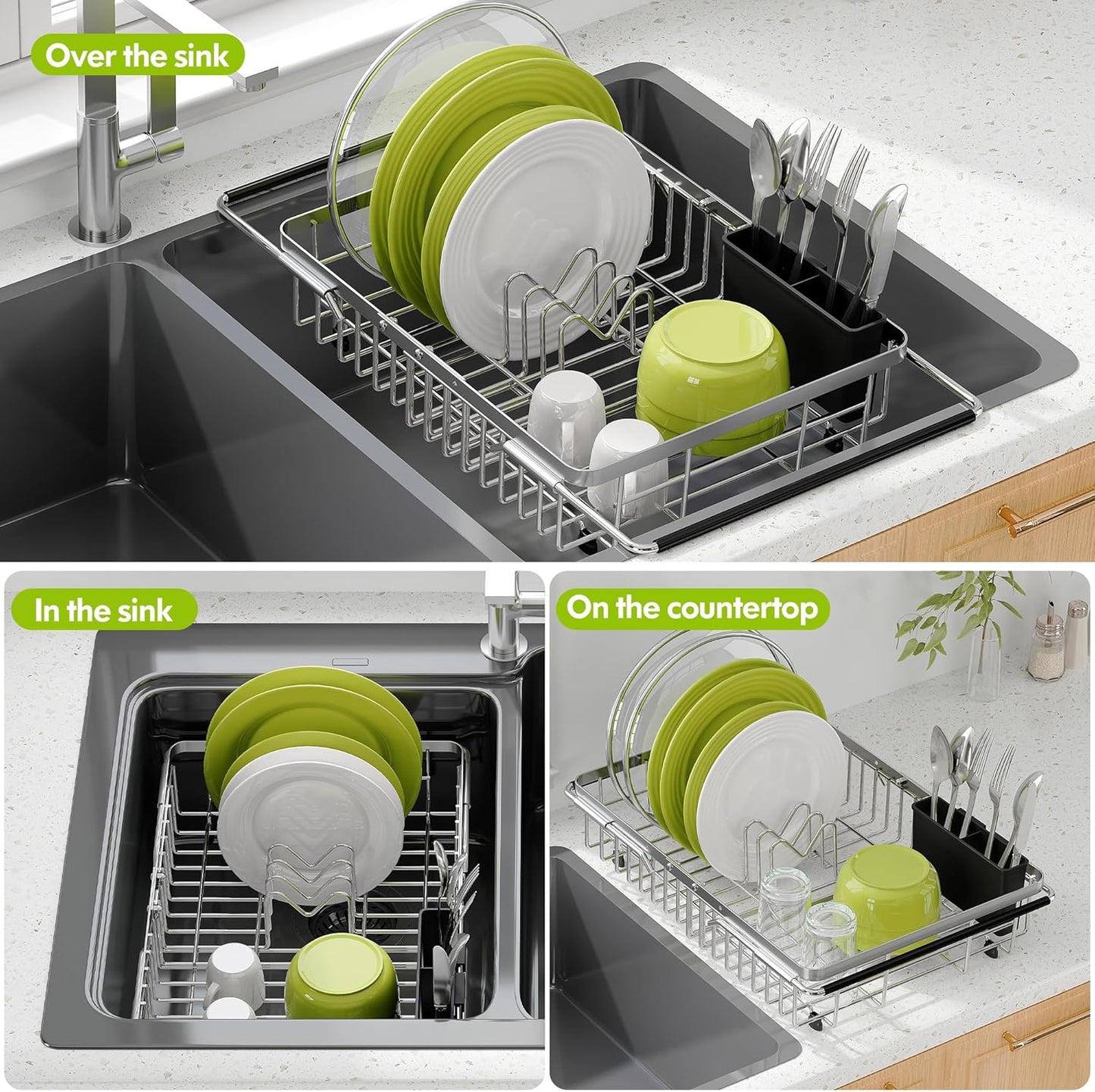 JASIWAY Dish Drying Rack in Sink, Expandable Stainless Steel Dish Drainer for Kitchen Sink, Dish Strainer Rack, Retractable Over Sink Dish Rack with Utensil Holder, 13.1''~16.6''D x 11.8''W, Silver