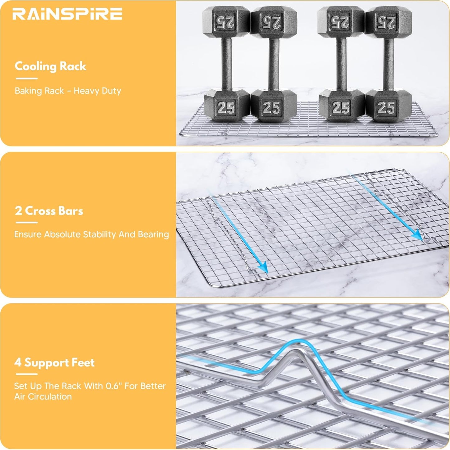 Rainspire Cooling Rack Stainless Steel, Heavy Duty Cooling Racks for Cooking and Baking, Oven Safe Wire Rack for Cooking, Baking Rack for Oven Cooking Fits Quarter Sheet Pan (1, 8.5" x 12")