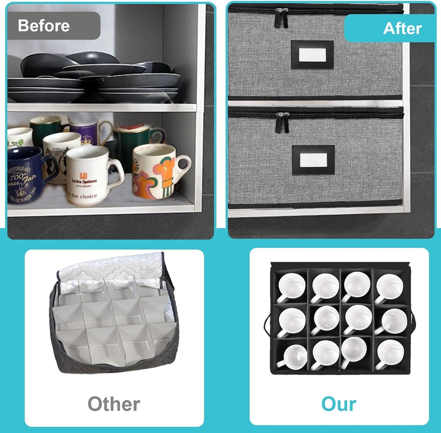 2PACK Quilted Mug Cup Storage Box-China Storage Containers Hard Shell,Cup Storage Containers with Lid for Moving Transport,Kichen Dinnerware Storage