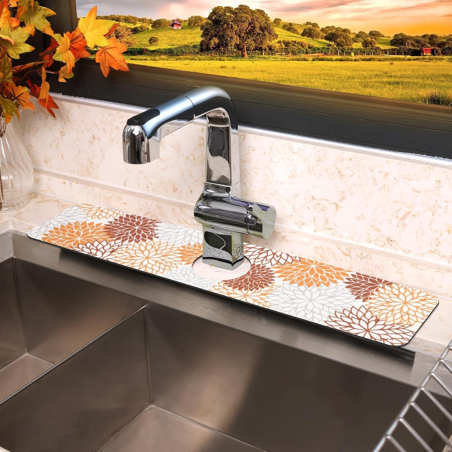 Findosom 2PCS 12" x 20" Dish Drying Mat & 24" x 5.5" Sink Splash Guard, Super Absorbent & Cuttable Dish Mat Drying Kitchen Mat with Orange Floral, Hide Stain Drying Mat for Kitchen Counter