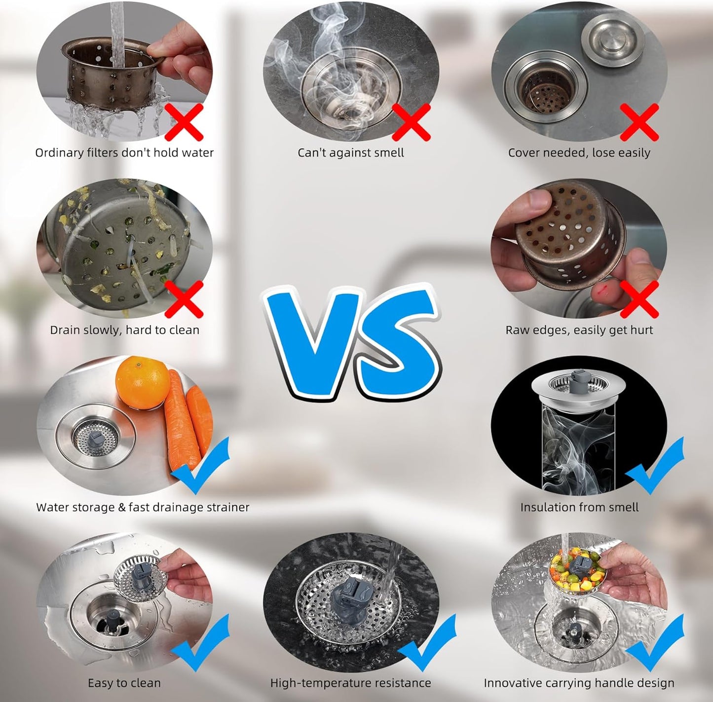 Hibbent 3 in 1 Kitchen Sink Drain Strainer, Stainless Steel Wrapped Shell Drain Stopper Combo, Pop Up Sink Stopper, 3 Anti-Clogging Metal Basket Strainer with Handle for US Standard 3-1/2" Drain