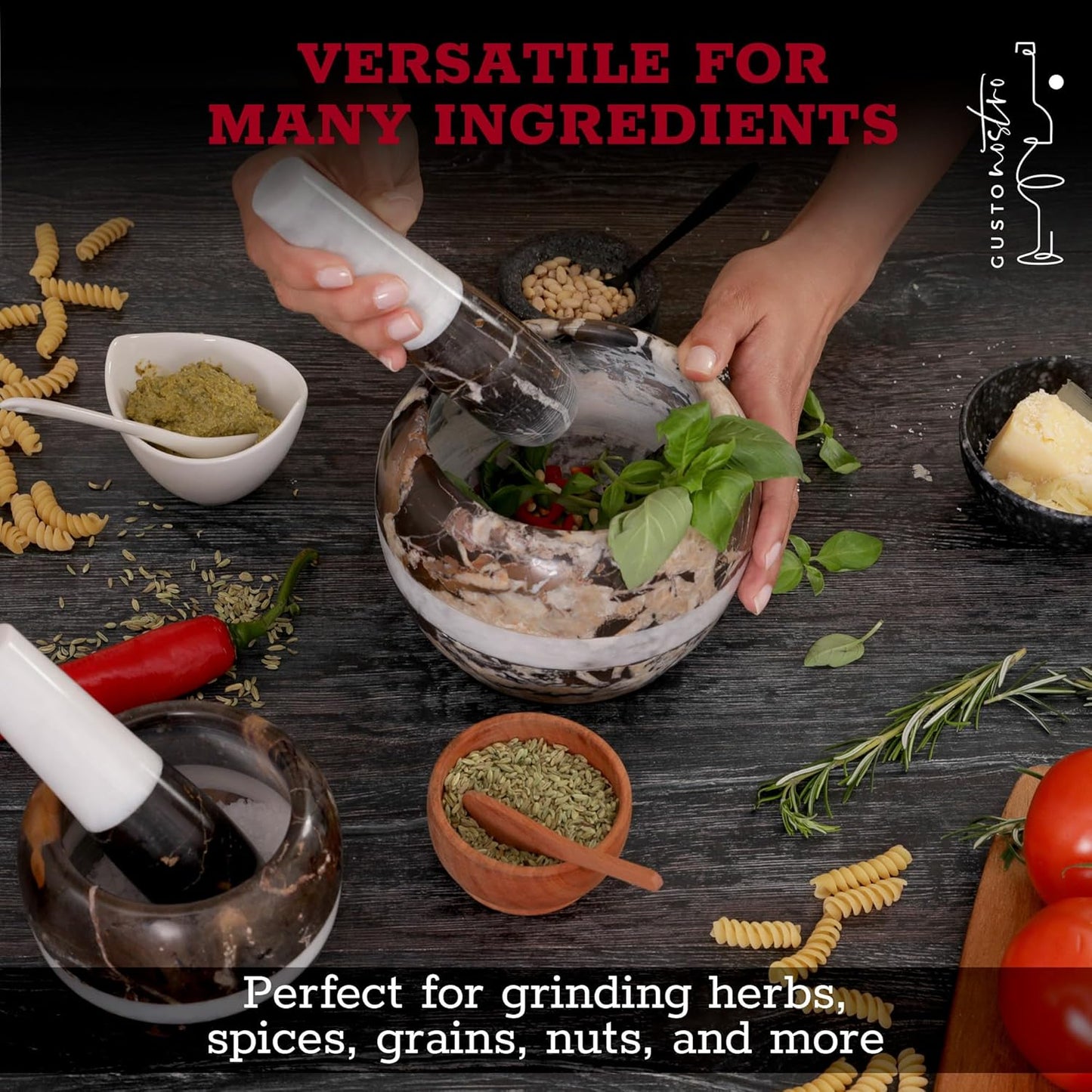 Gusto Nostro Natural Marble Mortar and Pestle Set | 6 Inch - 3.5 Cup Extra Large Mortar Pestle Set for Grinding Herbs, Nuts, Grains | Pesto Grinding and Guacamole Stone Bowl | Marble Spice Crusher