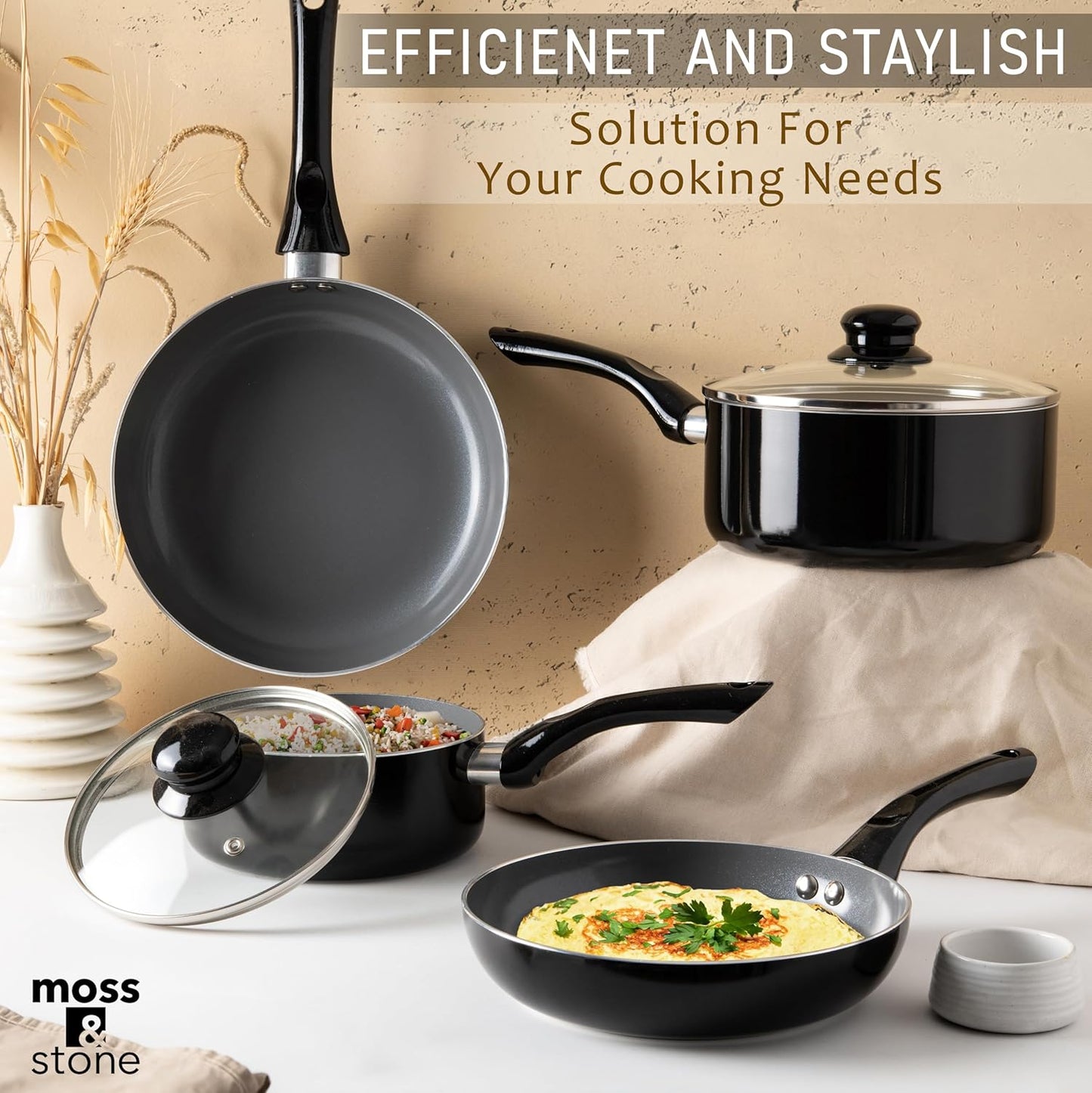 Moss & Stone 6 Pcs Black Nonstick Cookware Set, Pots And Pans Set Non stick With Glass Lid, Induction Cookware, Stay-Cool Handle PTFE/PFOA Kitchen Pots 6-Piece with Frying Pans & Saucepan