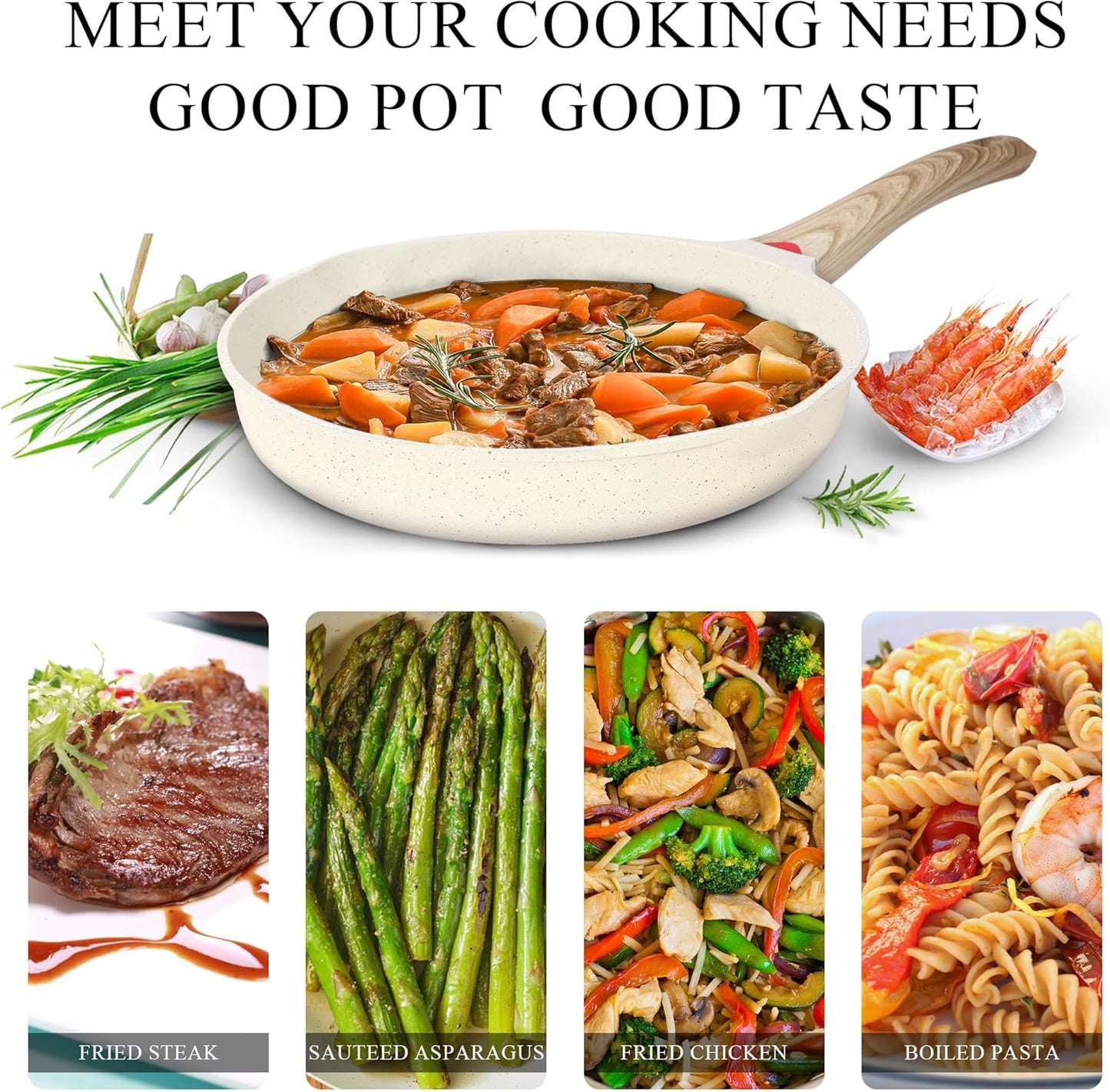 Vinchef 8 Inch White Nonstick Skillet, French Cream Shallow Fry Pan, Induction Compatible, Scratch-Resistant Ceramic Coating