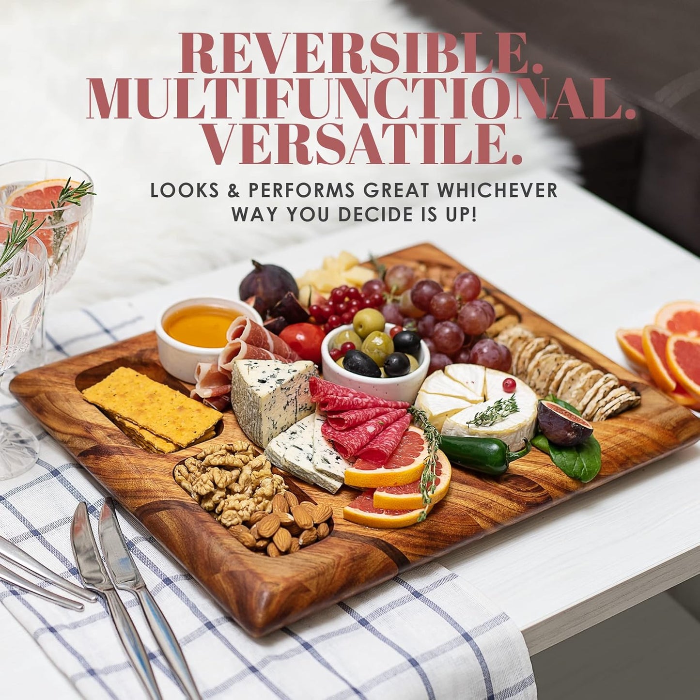 Contour Wood Cutting Board - Large Acacia Butcher Block Chopping Board for Kitchen w/Stand, Sustainable Wood, Juice Groove - Doubles as 4 Compartment Serving Board - Apace Living 17x13x1.5