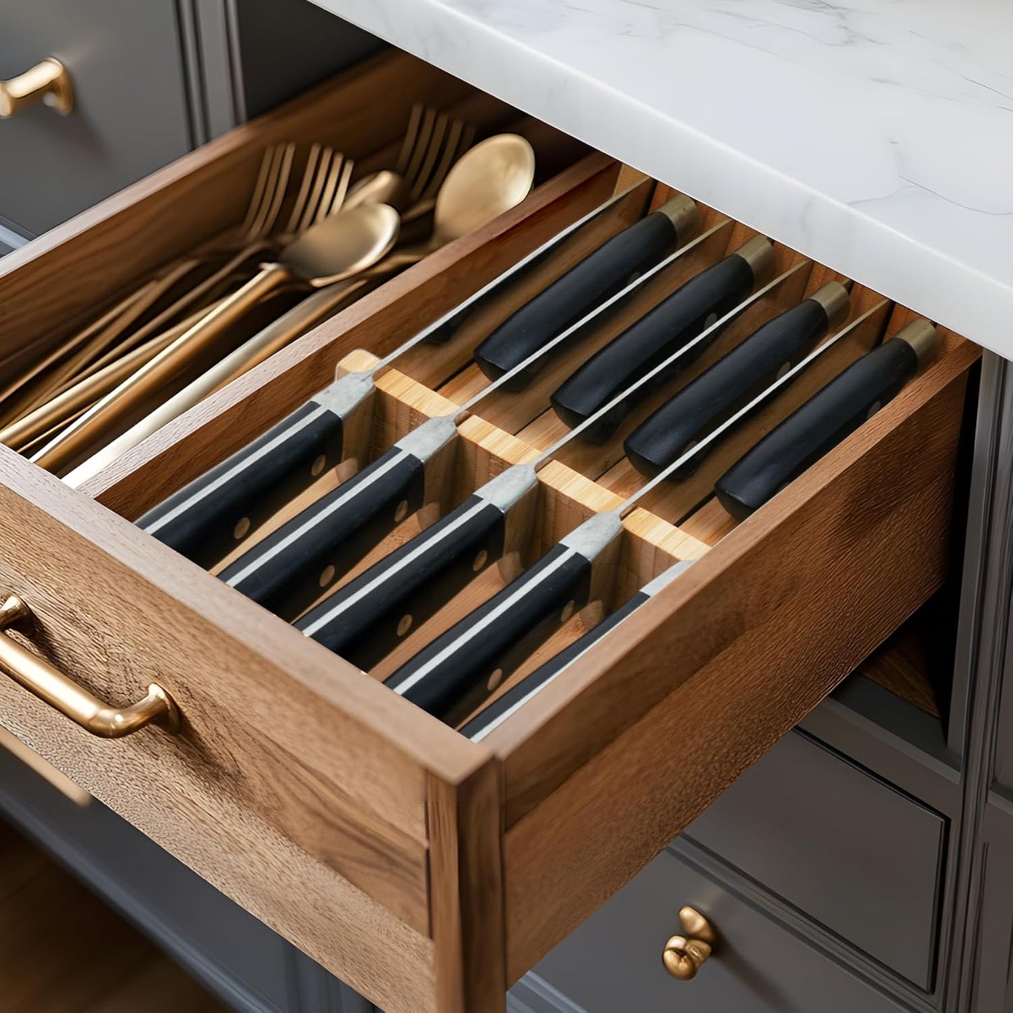 Utoplike Knife Drawer Organizer Bamboo Knives Block for Kitchen, Large Handle Steak Holder, Fit for 9 Knives (Not Included)