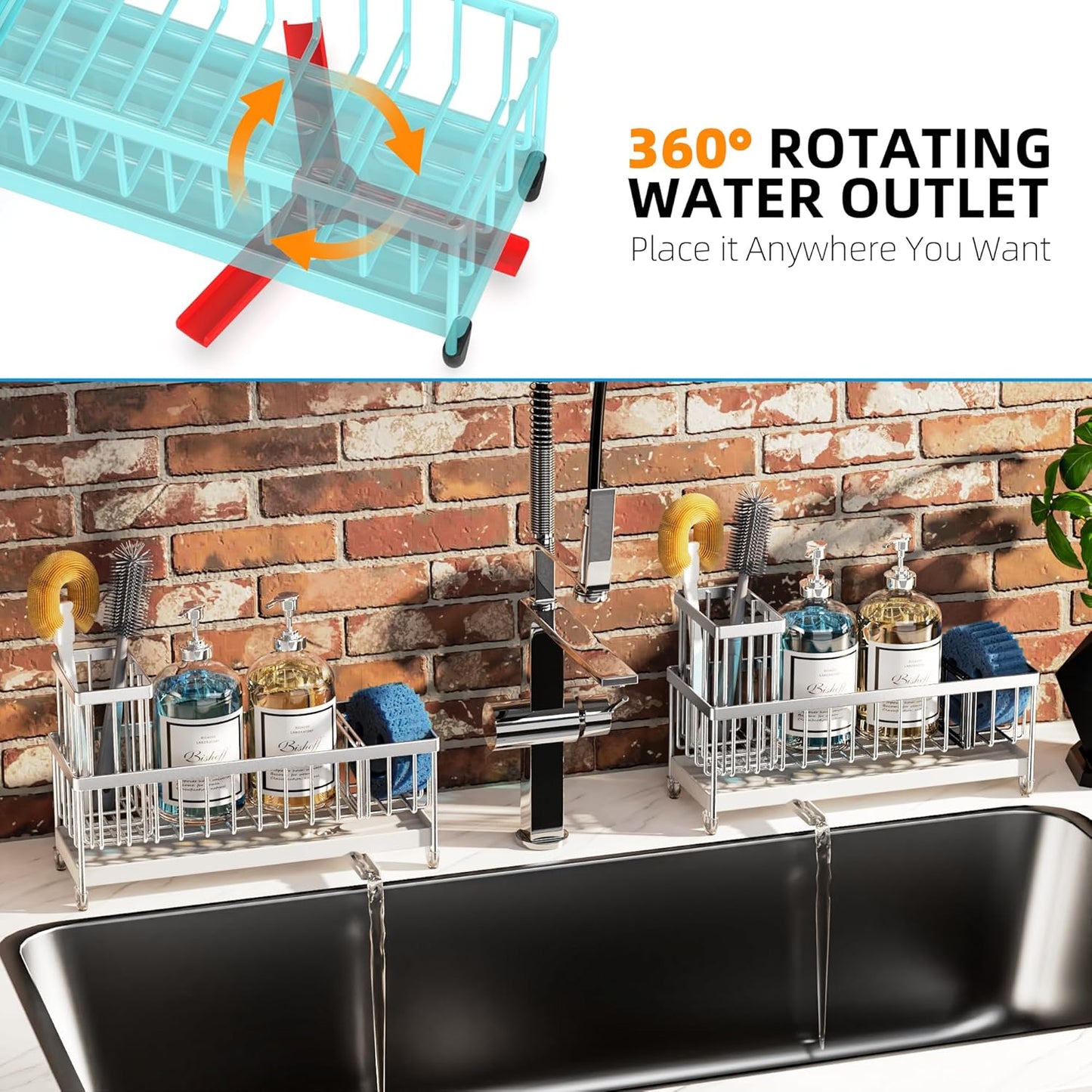 Moforoco Larger Version Sponge Holder for Kitchen Sink, Sink Caddy with High Brush Holder, Kitchen Sink Organizer Countertop Rustproof 304 Stainless Steel (Stainless Steel)