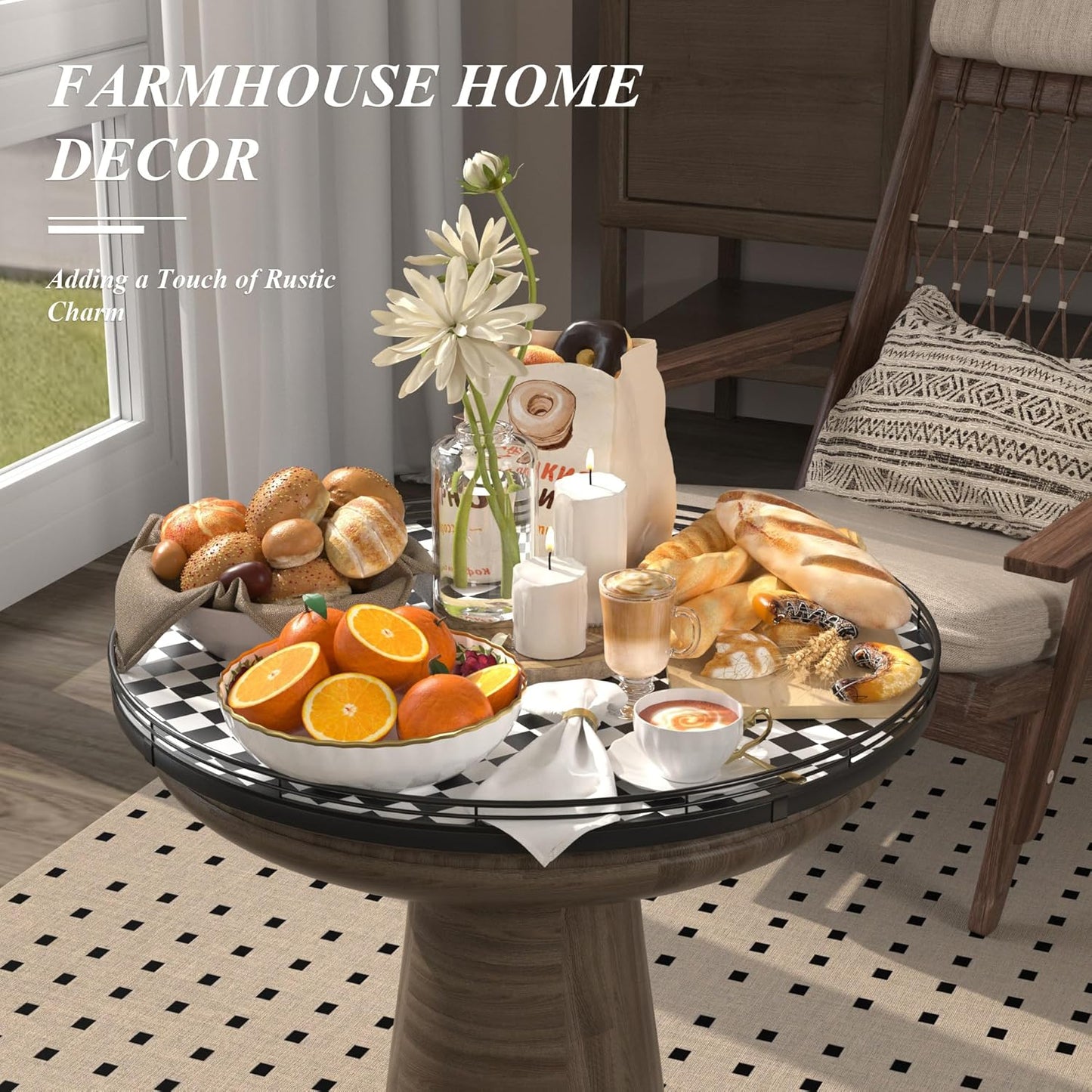 21" Black and White Kitchen Lazy Susan Turntable, Round Checkered Decorative Tray, Large Lazy Susan for Dining Table Centerpiece, Pantry, Kitchen, Bathroom, Countertop, Cupboard, Home Decor