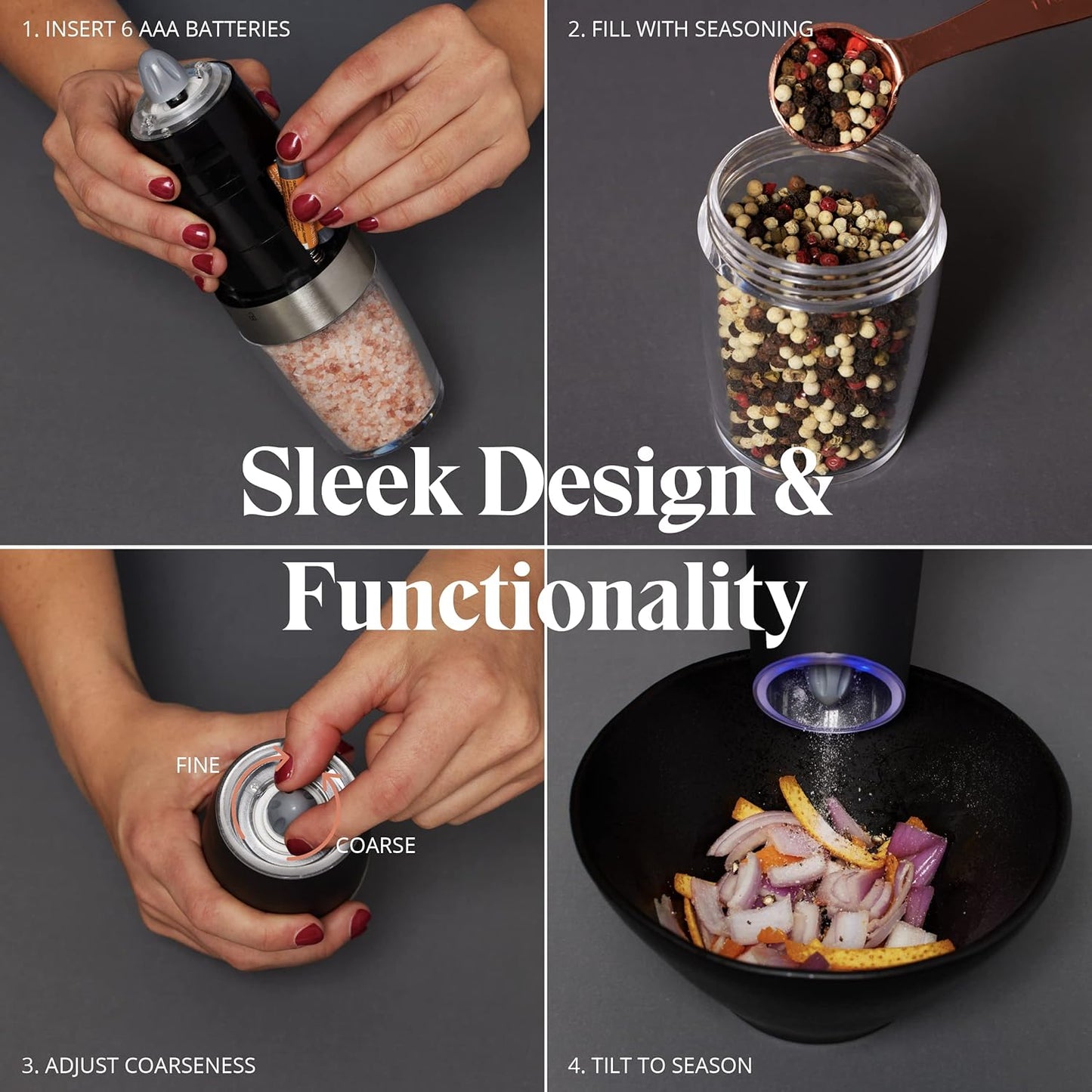 Willow & Everett Electric Salt and Pepper Grinder Set - Battery-Operated, Automatic Salt and Pepper Shakers - Black and Stainless Steel Gravity Electric Salt Grinder & Pepper Mill for Seasoning