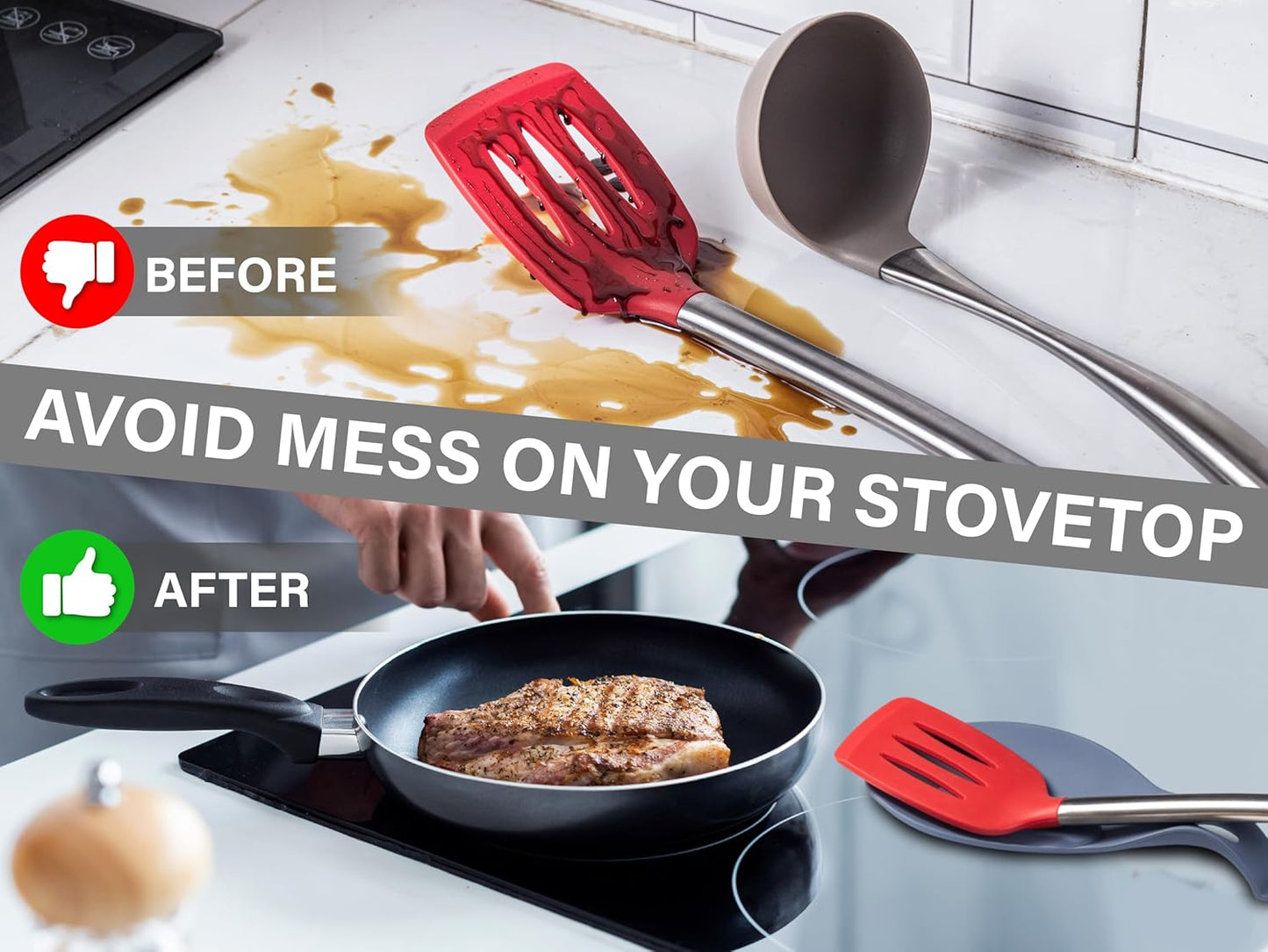 Kitchen Spoon Rest for Kitchen Counter, Set of 3 - HEAT RESISTANT, EASY TO CLEAN, Silicone Spoon Rest for Stove Top, Holds XL Utensils, Safe on GLASS & INDUCTION Cooktops, DOESN’T BREAK if Dropped