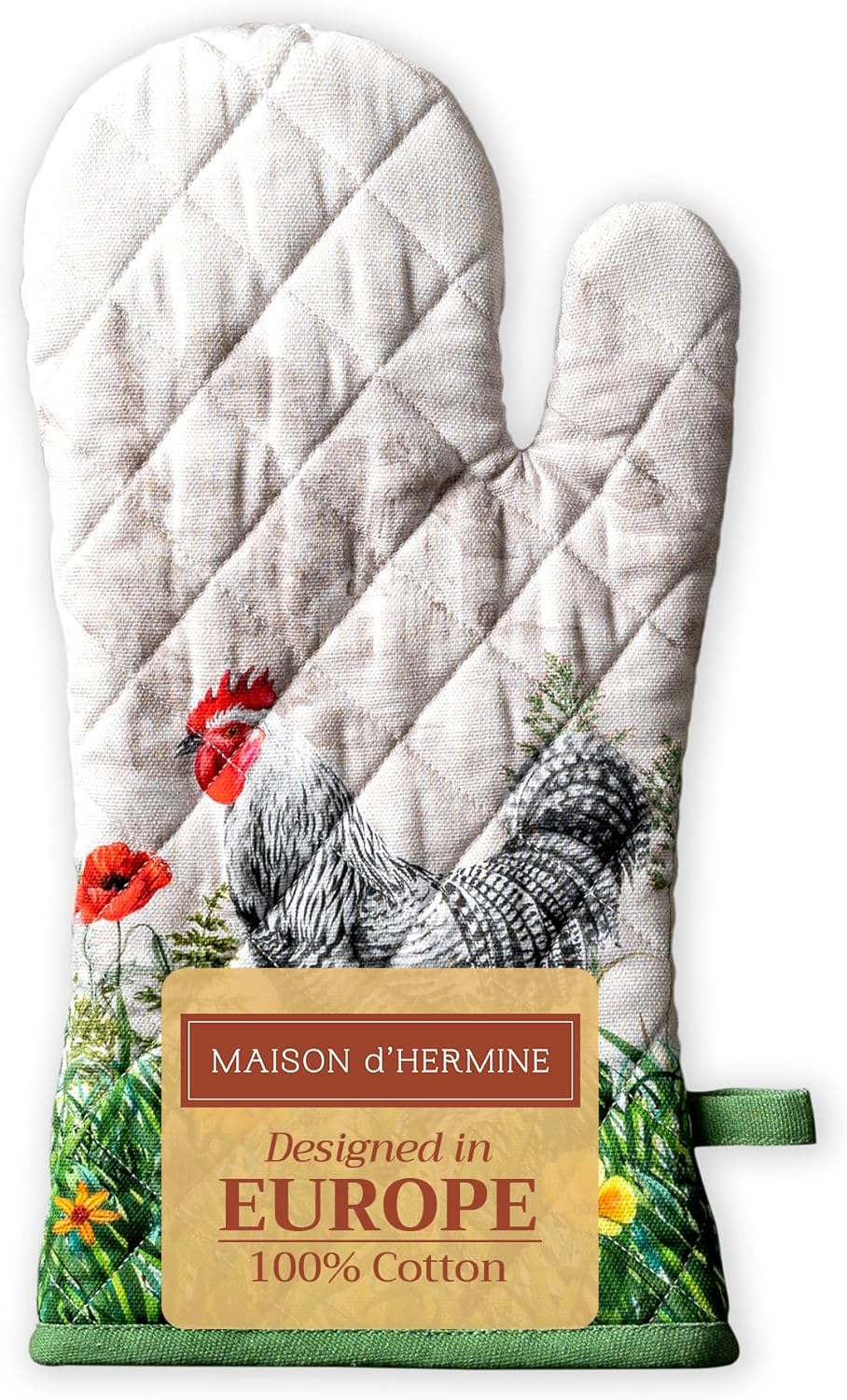 Maison d' Hermine Oven Gloves 100% Cotton Oven Mitt 7" x 13" with Loop Heat Resistant, BBQ, Cooking Gloves, Baking, Grilling, Kitchen, Handling Hot Pans Spring/Summer (Pack of 1, Basse Cour)