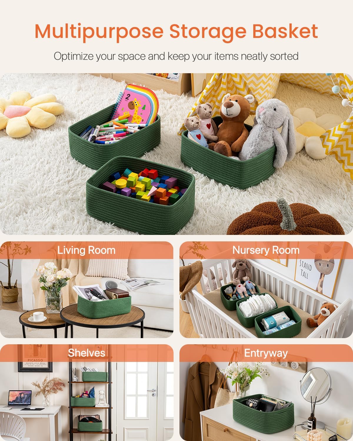 Small Woven Basket, 13.5 x 9.5 x 5 Inches, Storage Basket for Organizing, Cute Small Rope Shelf Closet Cube Storage Bins Baskets for Shelves, Dog Toy Gift Baskets Empty, 3 Pack, Green