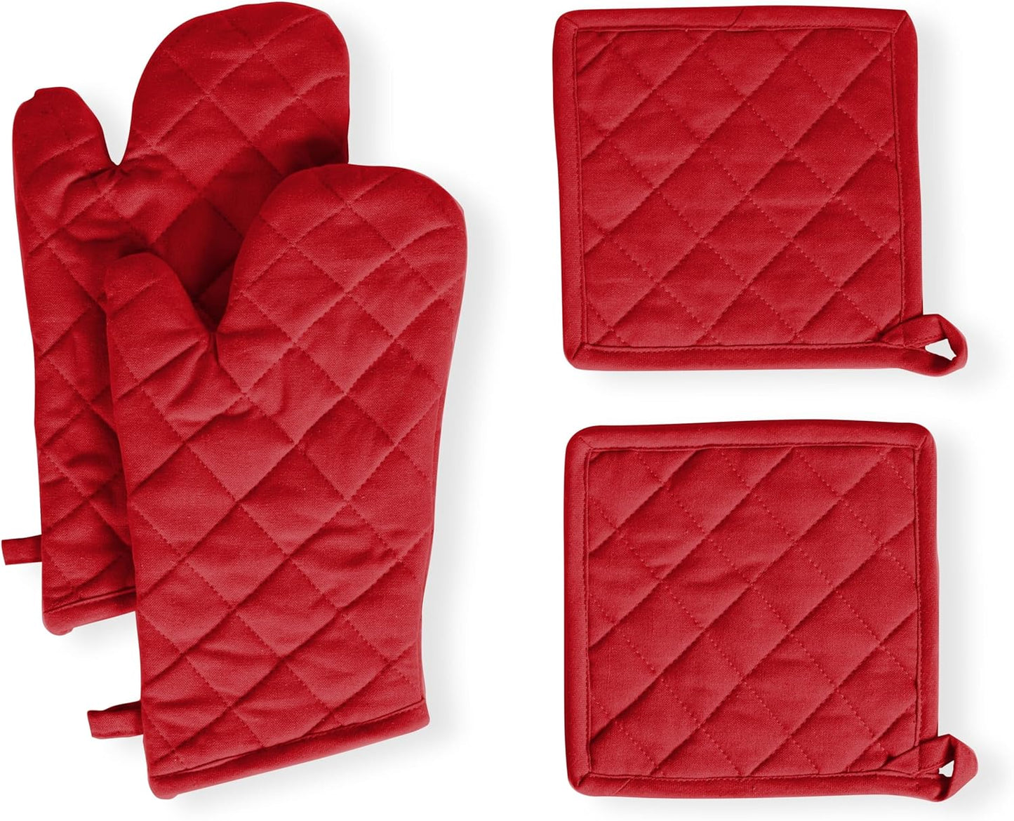 Native Fab Pot Holders and Oven Mitts Sets for Kitchen Heat Resistant - Hanging Non-Slip - 100% Cotton Kitchen Oven Mitts and Pot Holders 4-Piece Set - Red